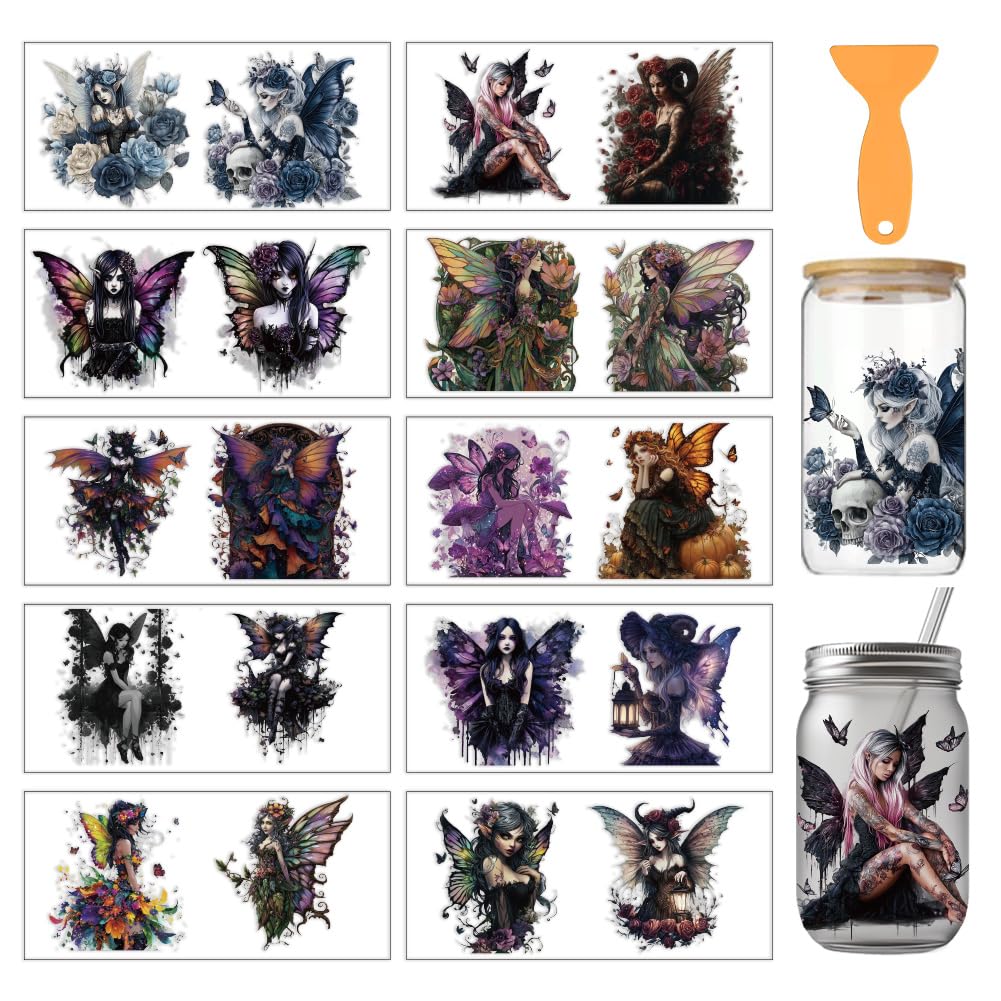 arricraft 10 Pcs Dark Fairy Theme PVC Cup Transfer Stickers, Demon Dark Elf Fairy Tale Pattern UV Waterproof Cup Sticker for 16 oz Glasses Window Home Printing Decoration 24x11cm