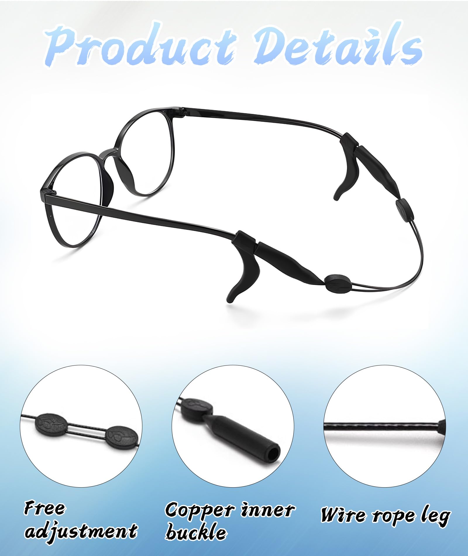 Chuppinz 3 Pcs Black Specs Holder Strap and 3 Pairs Silicone Ear Hooks, Adjustable Sports Band with Silicone Ear Grip, Anti-Slip Eyewear Retainer for Glasses, 35CM Extended Length - Image 3 thumbnail