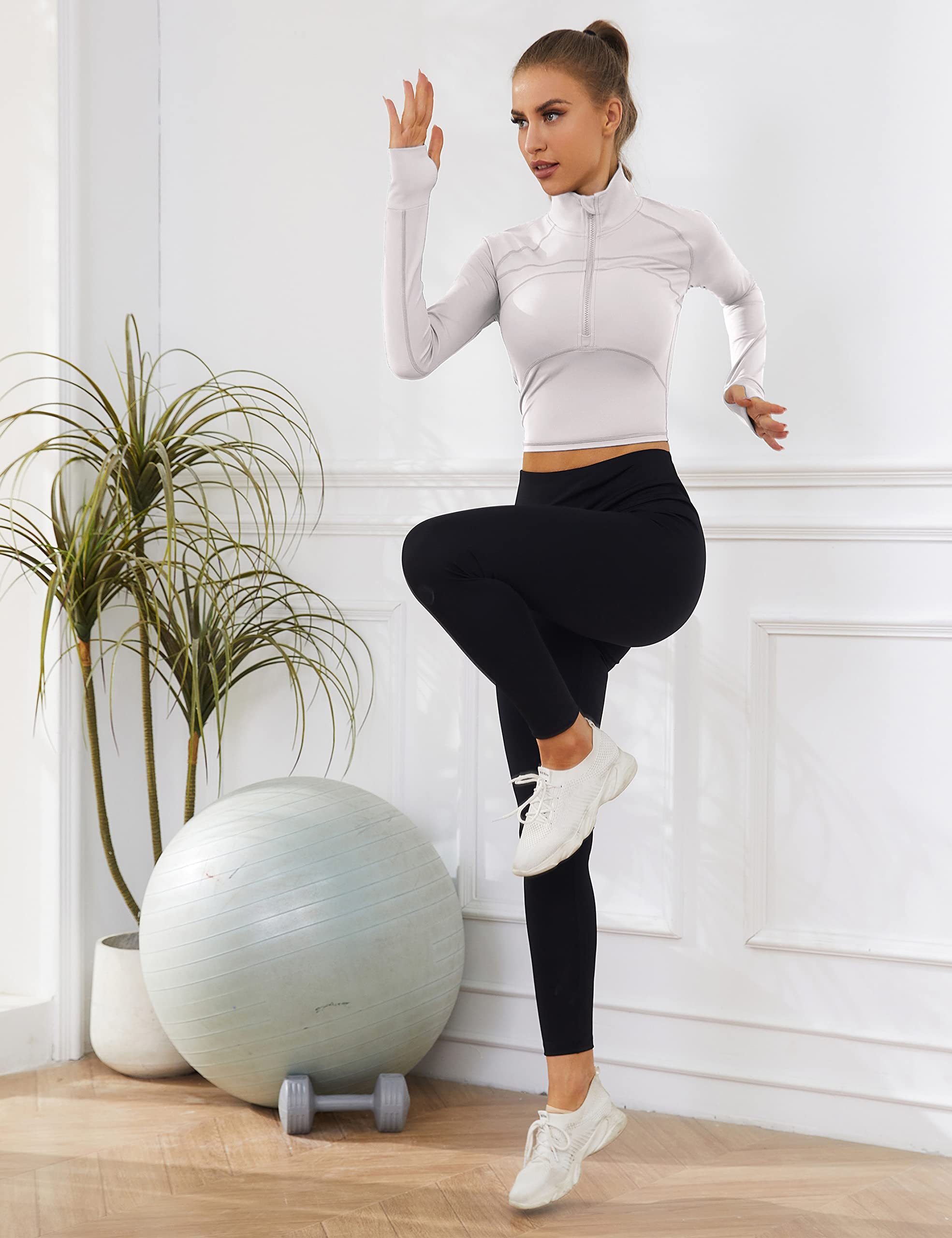 UANEO Long Sleeve Cropped Workout Tops for Women Gym Yoga Athletic Tops 1/2 Zip Jackets: X-Small Offwhite
