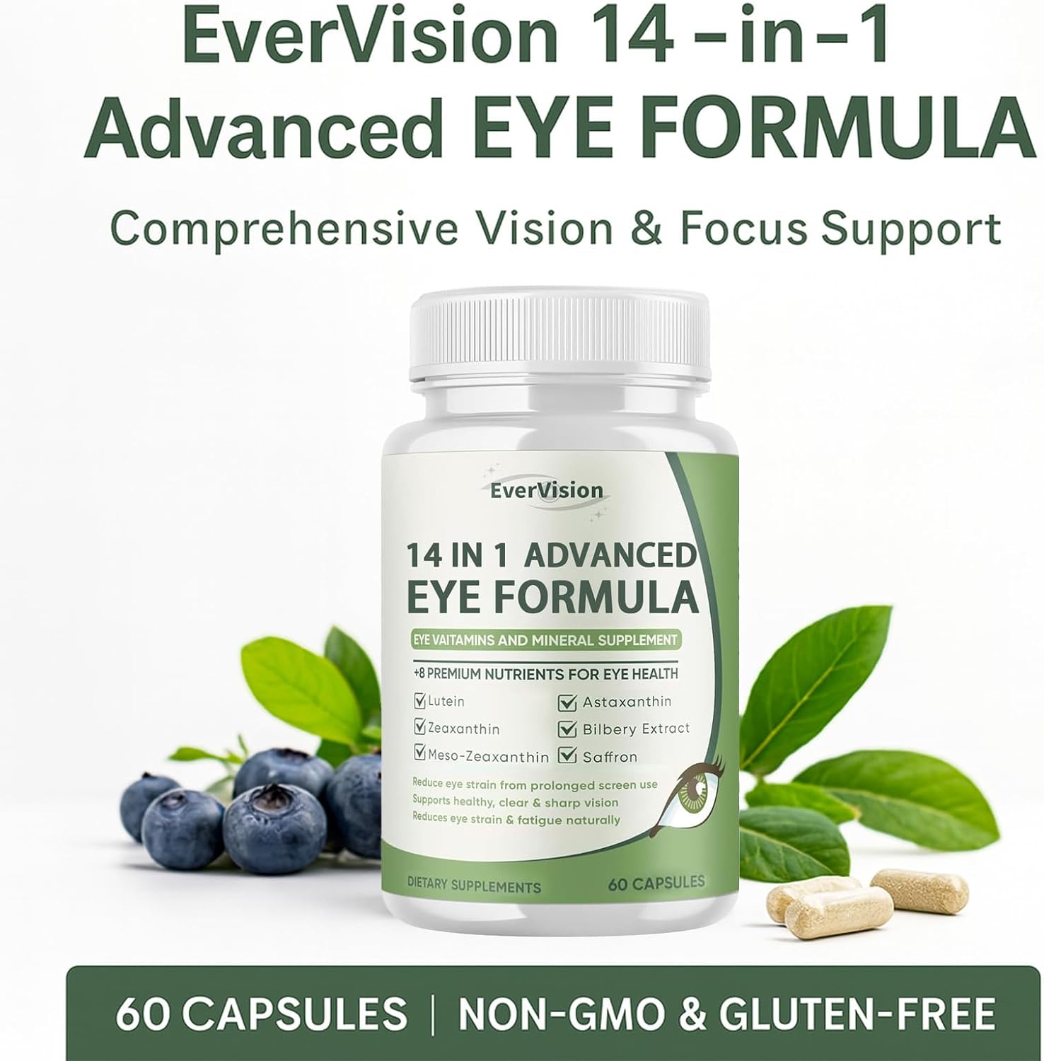 14 in 1 Advanced Eye Formula – Eye Vitamin and Mineral Supplement with Lutein, Zeaxanthin, Zinc & Bilberry Extract – Vision & Focus Support (1) - Image 2