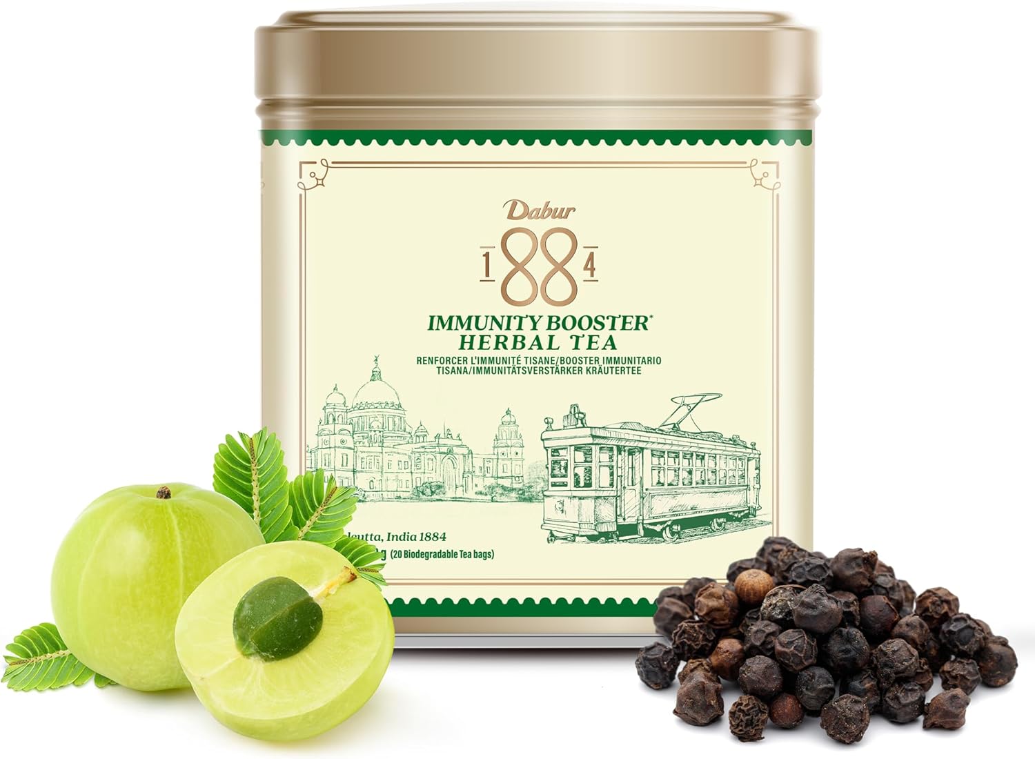 Dabur 1884 Immunity Booster Herbal Tea | 20 Biodegradable Tea Bags (50g) | 100% Natural Ingredients | Recyclable Aluminum Tin | Stress Relief Tea, Improves Immune System | Perfect for Gifting