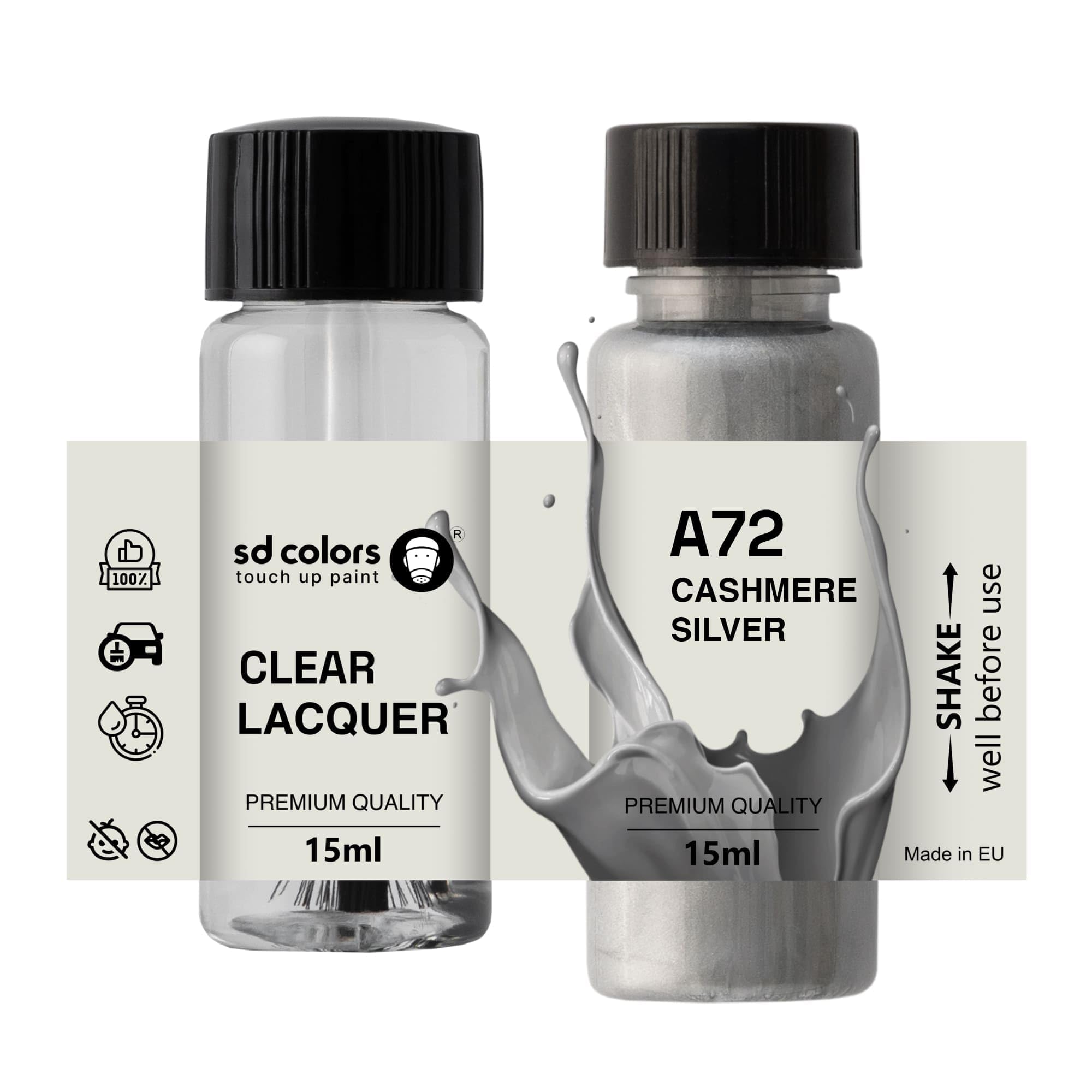 Sd Colors Paint+Lacquer Cashmere Silver A72 New Touch Up Paint 15 Ml Repair Scratch Chip Brush Color Code A72 Cashmere Silver (Paint+Lacquer)