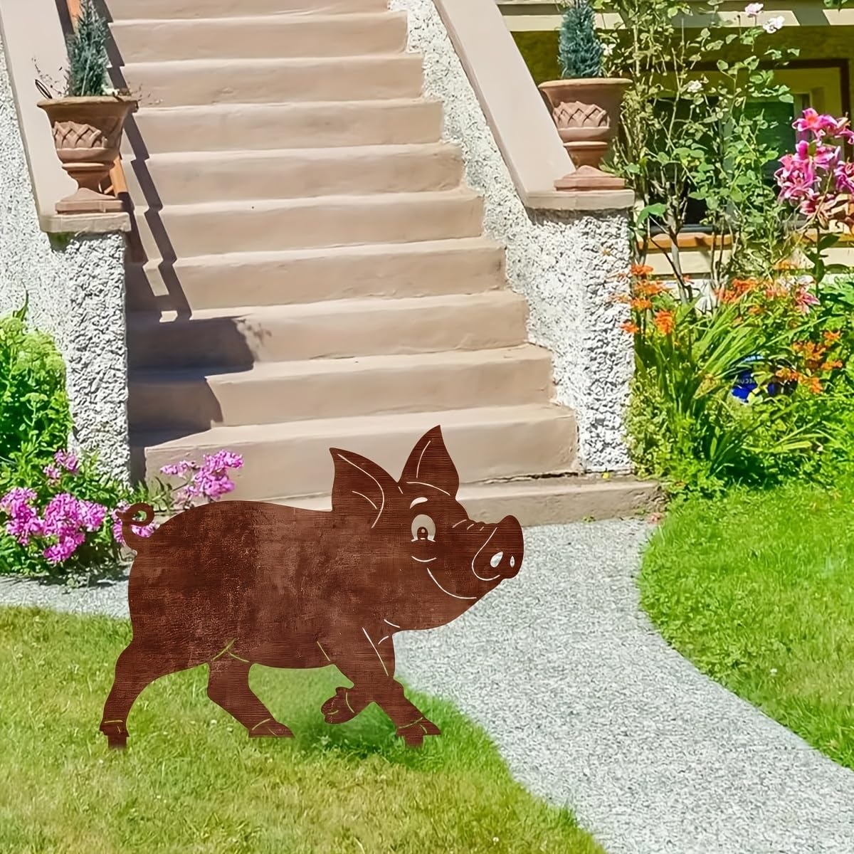 Dekorative Gartenstecker, rustikaler Schweine-Metallstecker – 30 cm (11,81 Zoll), verspielte Außendekoration für Rasen, Terrasse und Balkon, langlebiges Tiermotiv mit verspieltem D