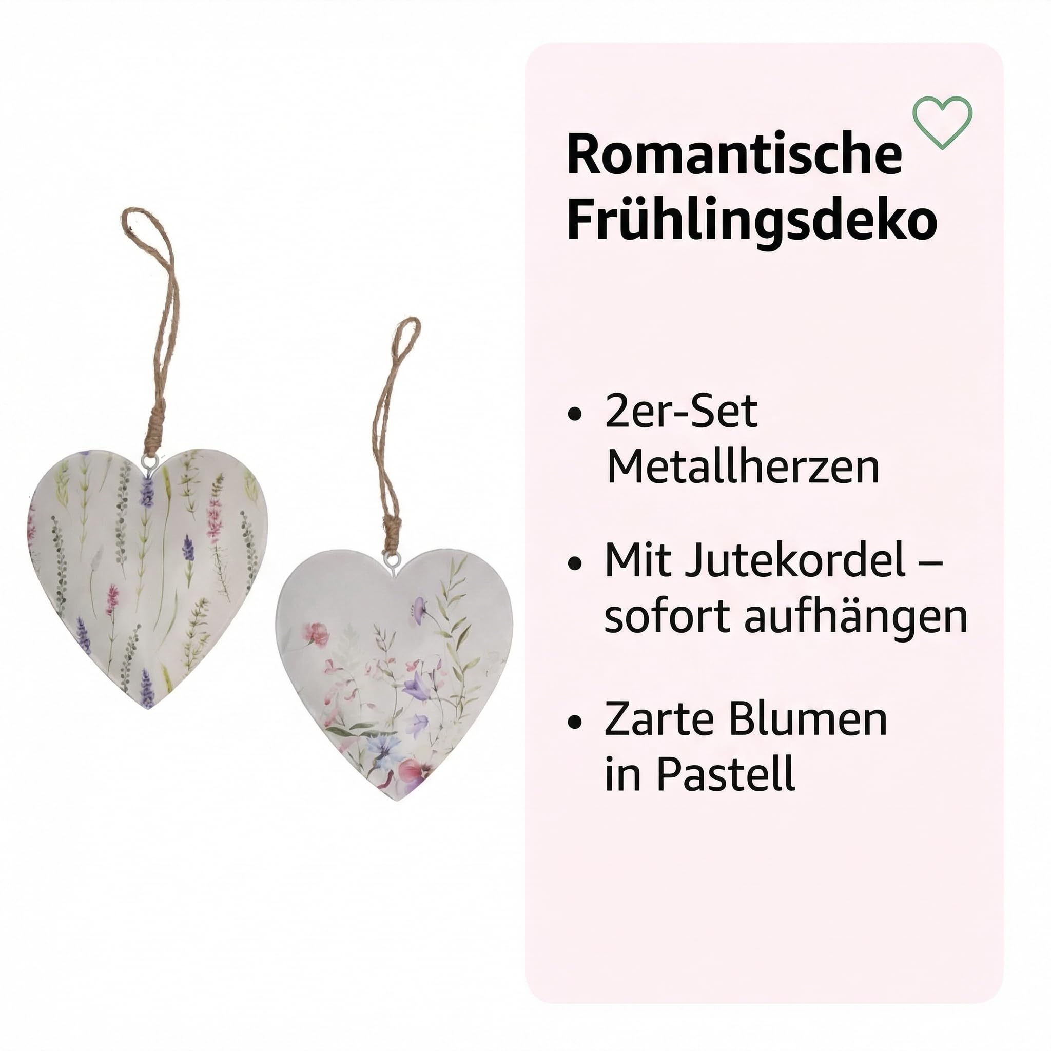 Metallherz Hängedeko, 2er-Set Herzen aus Metall mit floralen Pastellmotiven, Weiß/Rosa/Lila/Grün, ca. 11 x 11,5 cm, inklusive Jutekordel, romantische Frühlingsdeko für Fenster, Zweige & Türgriffe