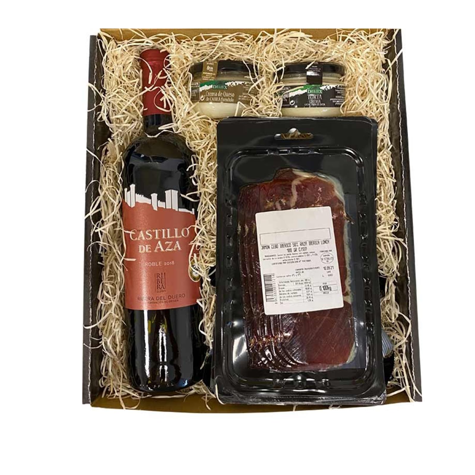 Deliex - Cesta gourmet para regalar con vino Castillo de Aza, ibéricos, quesos y picos de pan