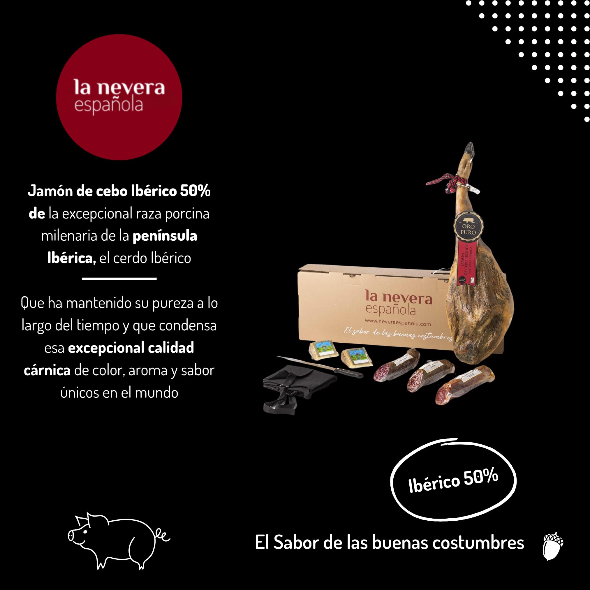 La Nevera Española - Lote Ibérico de Jamón Oro Puro, Chorizo, Lomo, Salchichón y 2 Cuñas de Queso de Oveja - Productos Nacionales - Delantal de Regalo