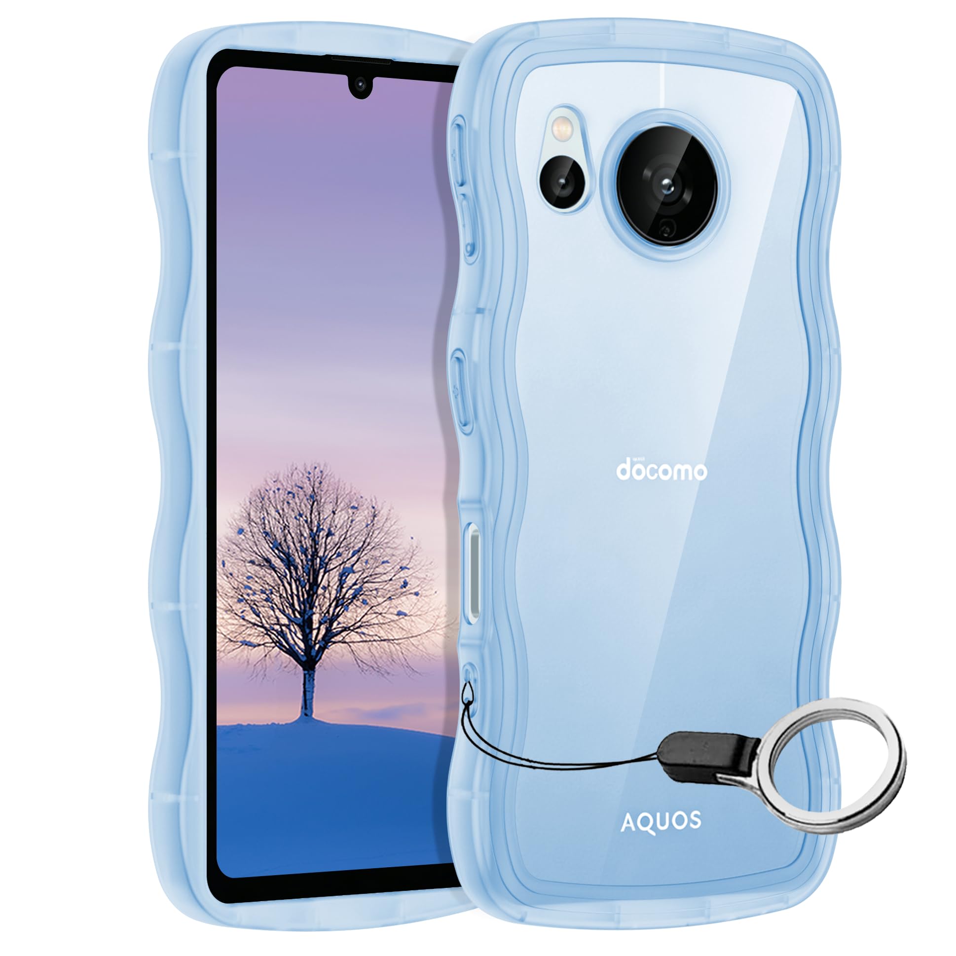 AQUOS sense7 ケース ブルー ウェーブ SH-53C SHG10 SH-M24 TPU波状のバンパー 透明 スマホケース かわいい うねうね アクオス センス7 ウェーブ デザイン 可愛い 韓国 女性用 薄型 人気 おしゃれ 耐衝撃 ストラップホール付き(ブルー)