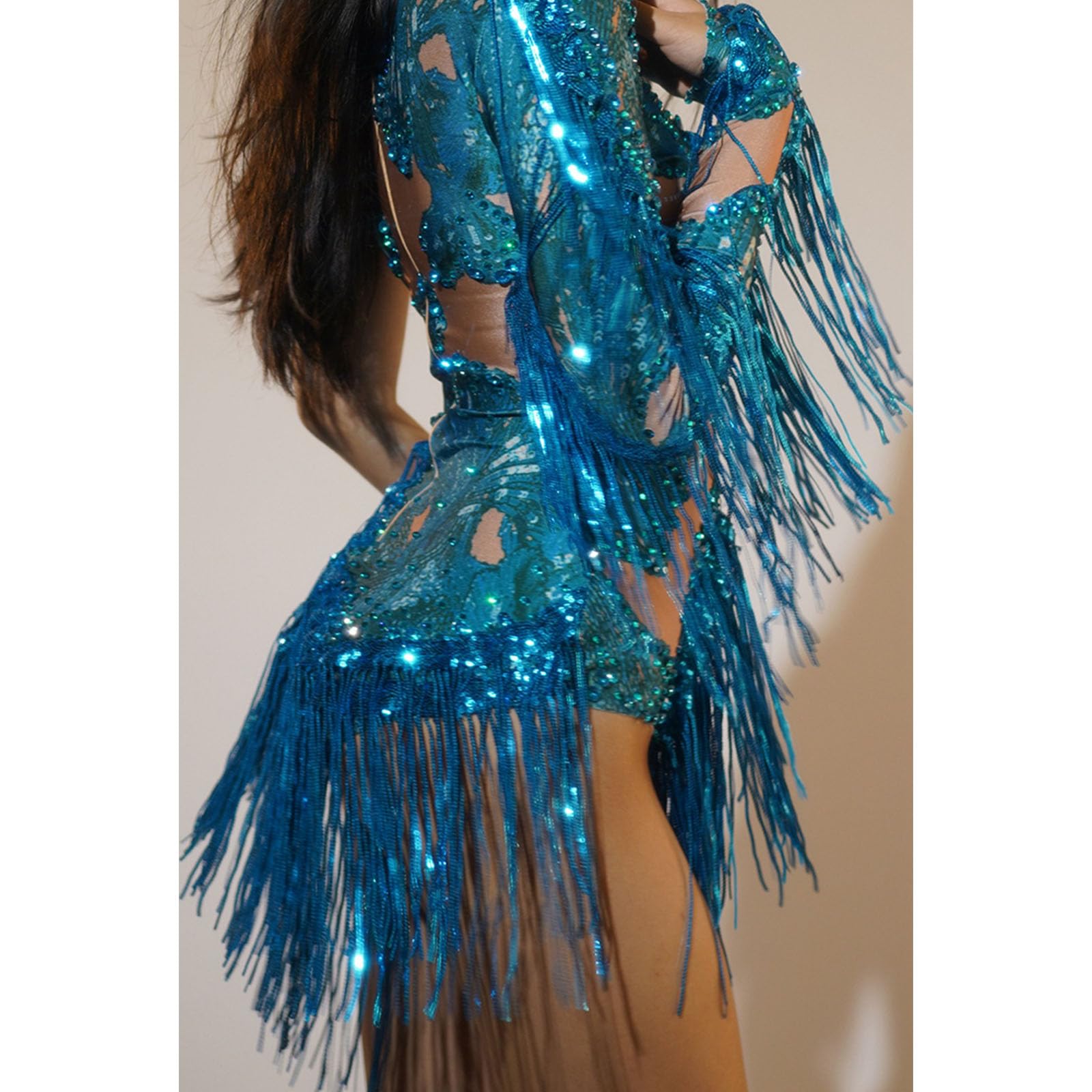 Skinny-Gymnastikanzug mit Strasssteinen, Quasten, glitzernde Fransen, Bodysuits, Akrobaten, Jazzs, Latein-Tanz-Kostüm, Raves-Outfits für Damen