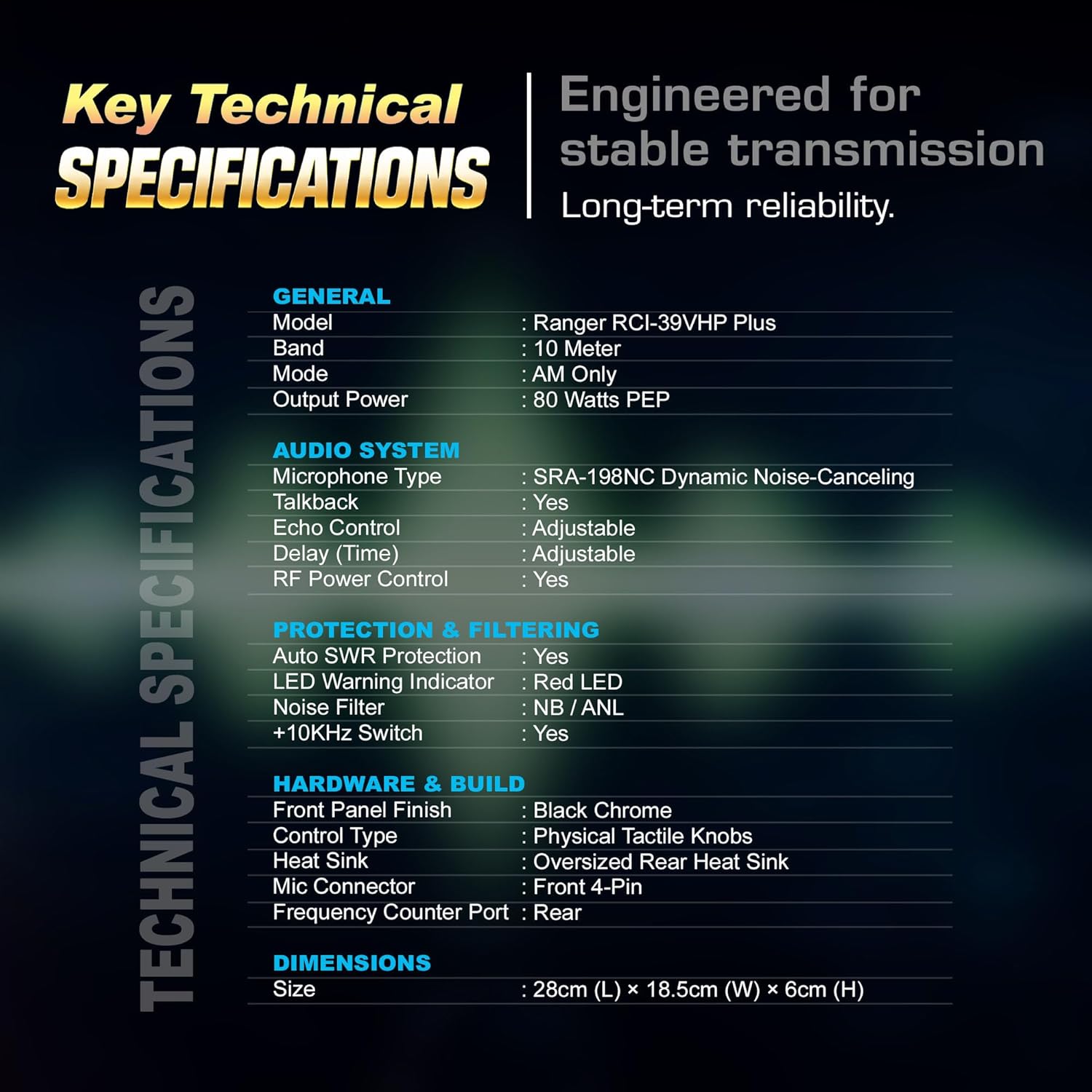 Ranger RCI-39VHP Plus 10 Meter Amateur Radio 80W PEP High Power AM Mode SRA-198NC Noise Cancelling Mic Black Chrome Front Panel Auto SWR & LED Warning Alert Echo, Talkback & Big Heatsink
