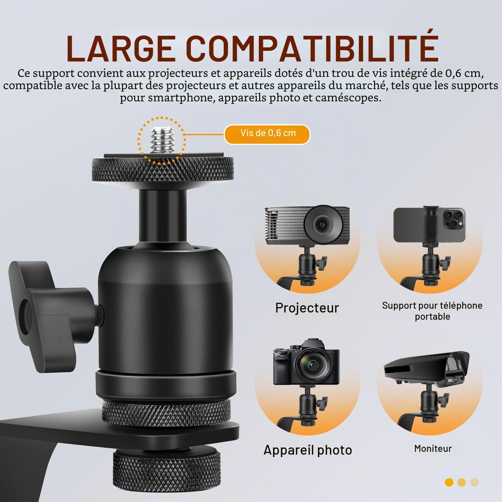CAHAYA Support pour Mini Projecteur de Bureau - Vidéoprojecteur Portable Compact Réglable 360° avec Base Métallique Antidérapante et Ultra Stable, Filetage 1/4", Charge Max 5 kg
