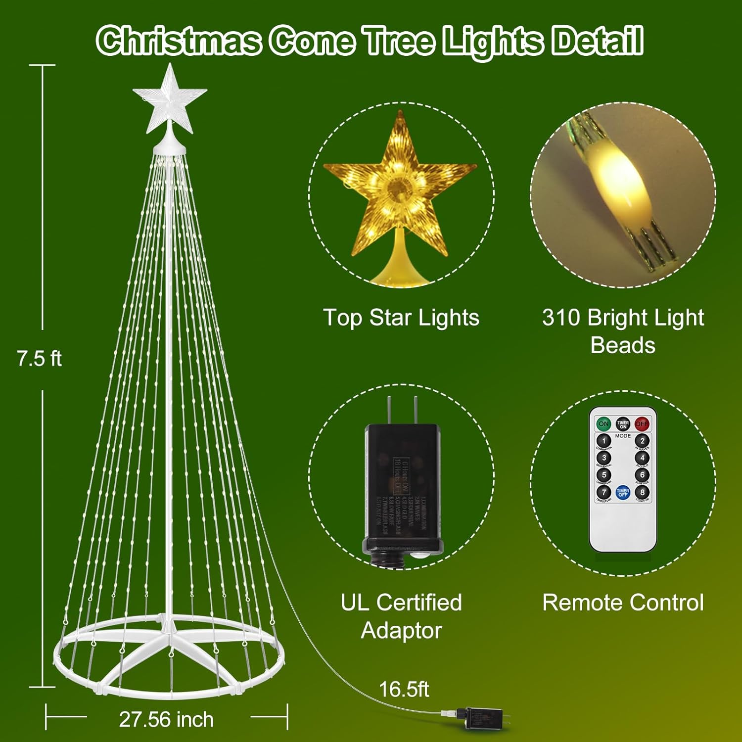 HELESIN Christmas Cone Tree Light, 7.5ft 310 LED Artificial Tree with Star Topper, DIY LED Light Show Tree Light Music sync with Remote APP Control for Party Indoor Outdoor Decorations (Warmwhite)