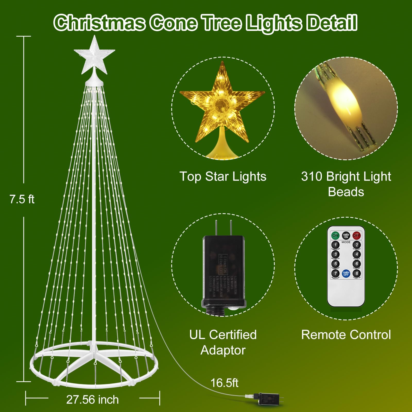 HELESIN Christmas Cone Tree Light, 7.5ft 310 LED Artificial Tree with Star Topper, DIY LED Light Show Tree Light Music sync with Remote APP Control for Party Indoor Outdoor Decorations (Warmwhite)