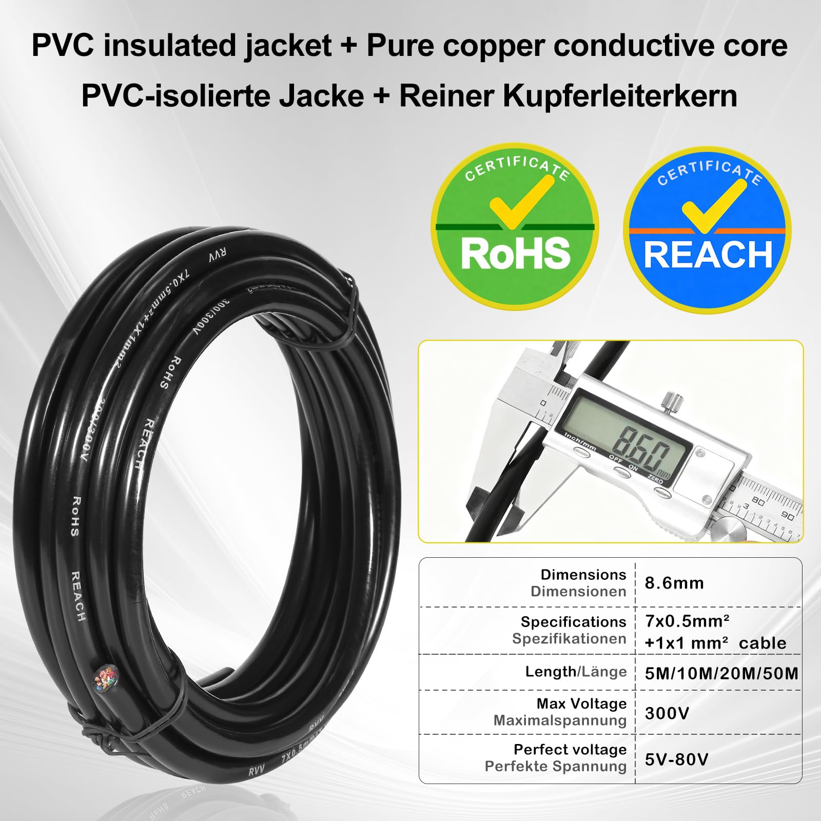 D-TECH 8 Adriges Anhängerkabel Fahrzeugkabel 10M,Rundkabel 8 Adriges Anhängerkabel Elektrokabel, 5V-80V 8 poliges Anhängerkabel LED Rücklichter Verkabelung Kable (7x0,5 mm²+1x1 mm²)