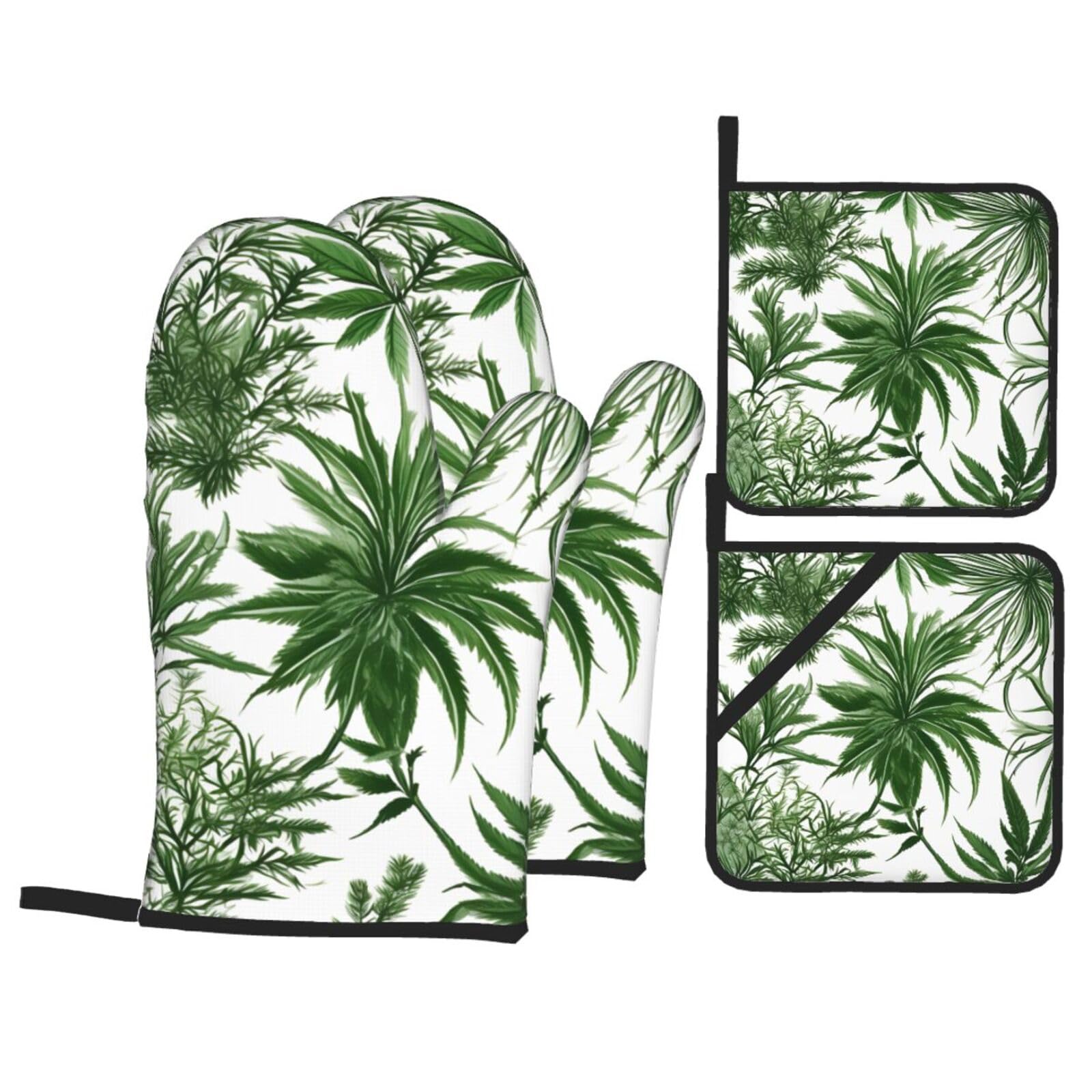 Flowering Herbs and Herbaceous Plants Print 4-Piece Oven Microwaving Set Kitchen Gloves for Holiday Cooking Baking Grilling