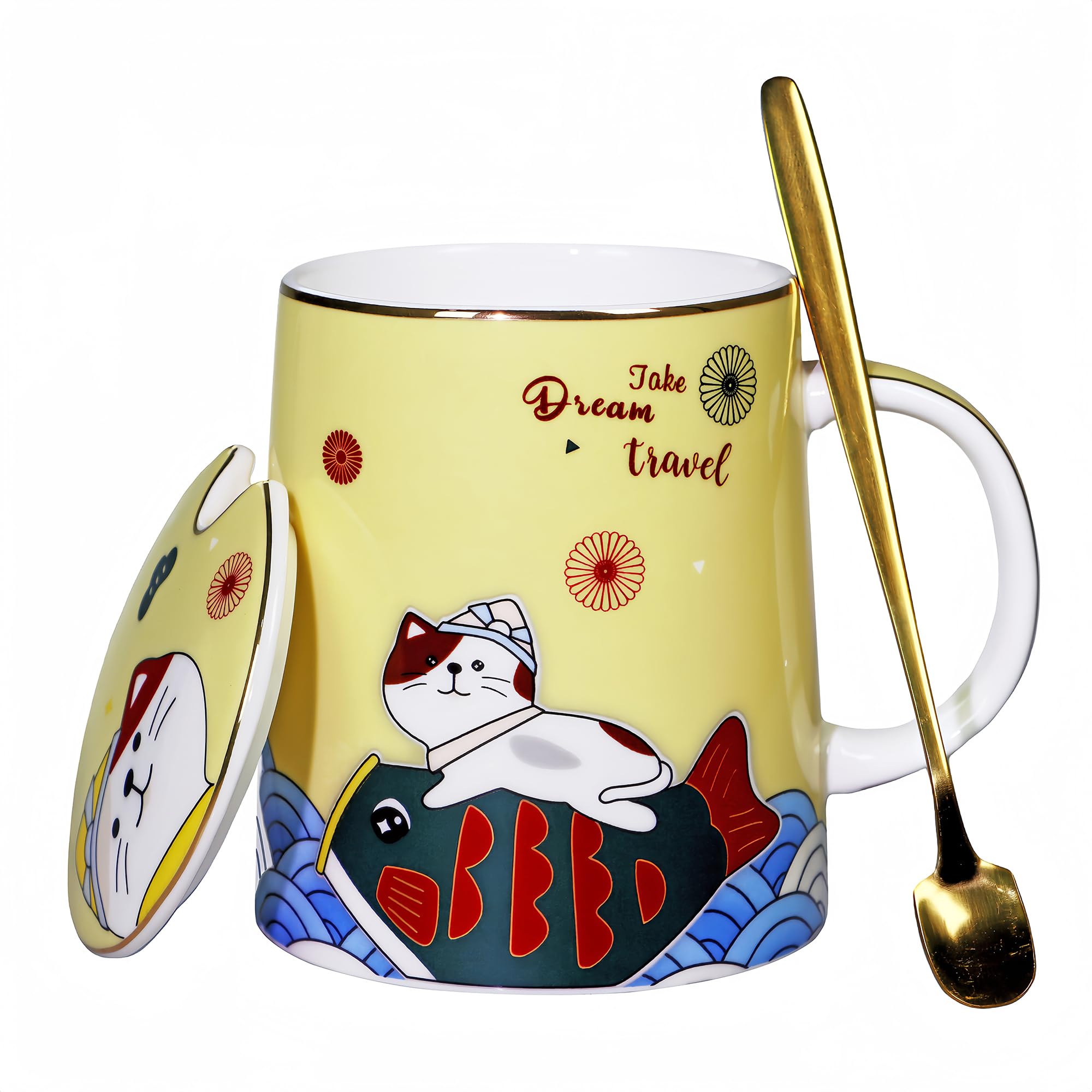 PMNING Cat Mug Cute Cat Coffee Mug with Lid and Spoon Cat Stuff Cat Mug for Cat Lovers - 12.5 oz Tea Coffee Cup with Lid and Spoon Christmas Birthday Gifts for Women Men (Yellow), PMMGS001