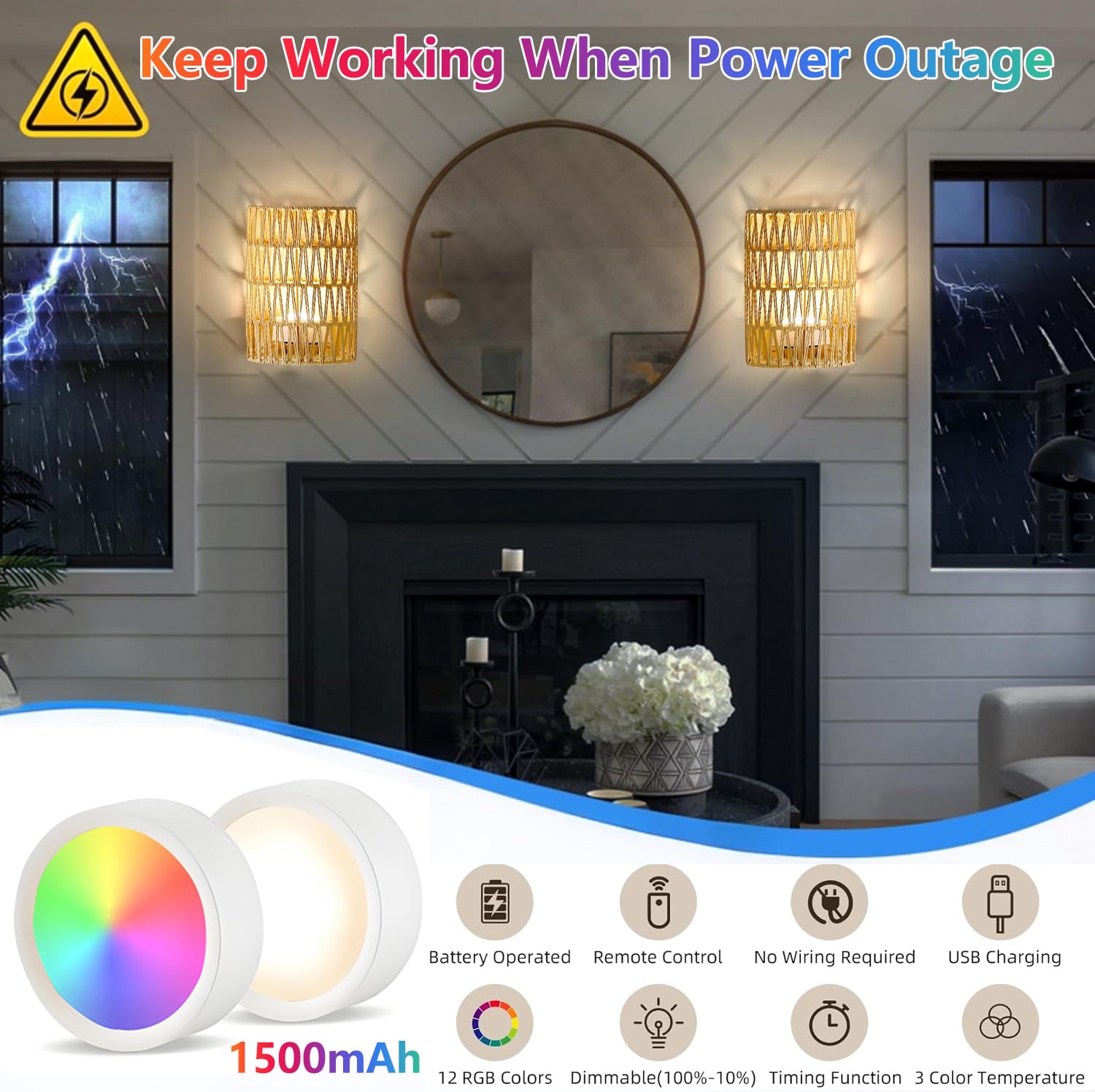 2 Stück Boho Rattan Wandlampe Innen Akku Wandleuchte Ohne Stromanschluss RGB Dimmbare Wandleuchten mit Fernbedienung Retro Nachttischlampe für Schlafzimmer Wohnzimmer Flur