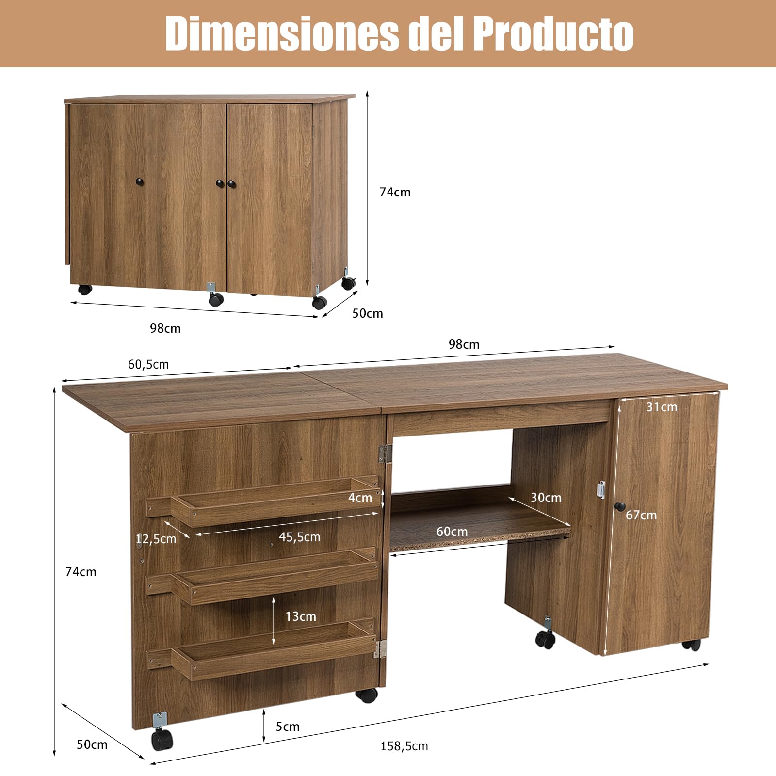 GIANTEX Armario de Costura Plegable con 5 Ruedas y 3 Estantes, Mesa Plegable de Costura con Tabique, Mueble para Máquina de Coser para Dormitorio, Salón y Estudio (Marrón)