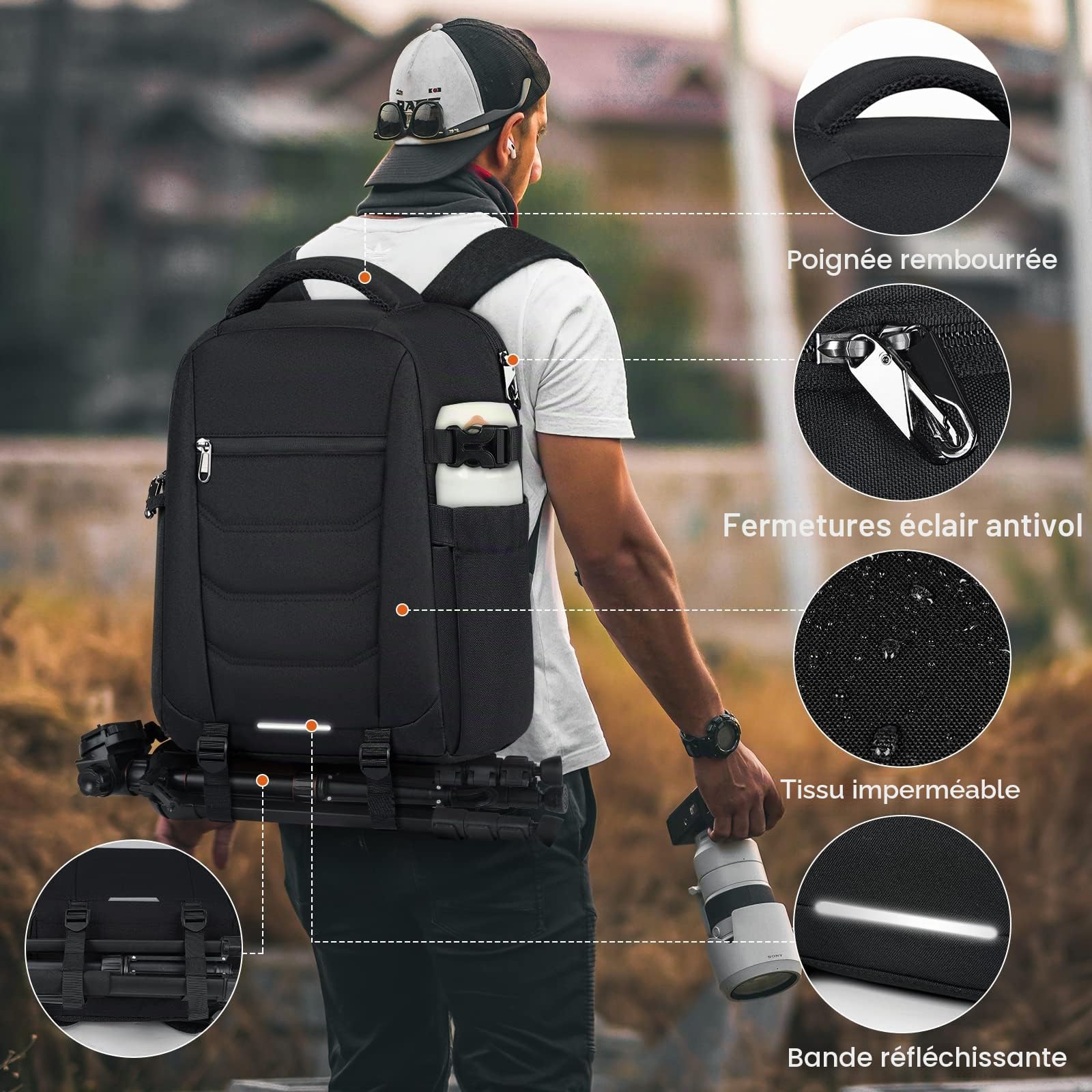 RAINSMORE Sac a Dos Appareil Photo avec Compartiment de 15,6 Pouces Sac a Dos Photographe avec Housse de Pluie, Sac Appareil Photo Compatible avec Canon Sony Nikon Noir