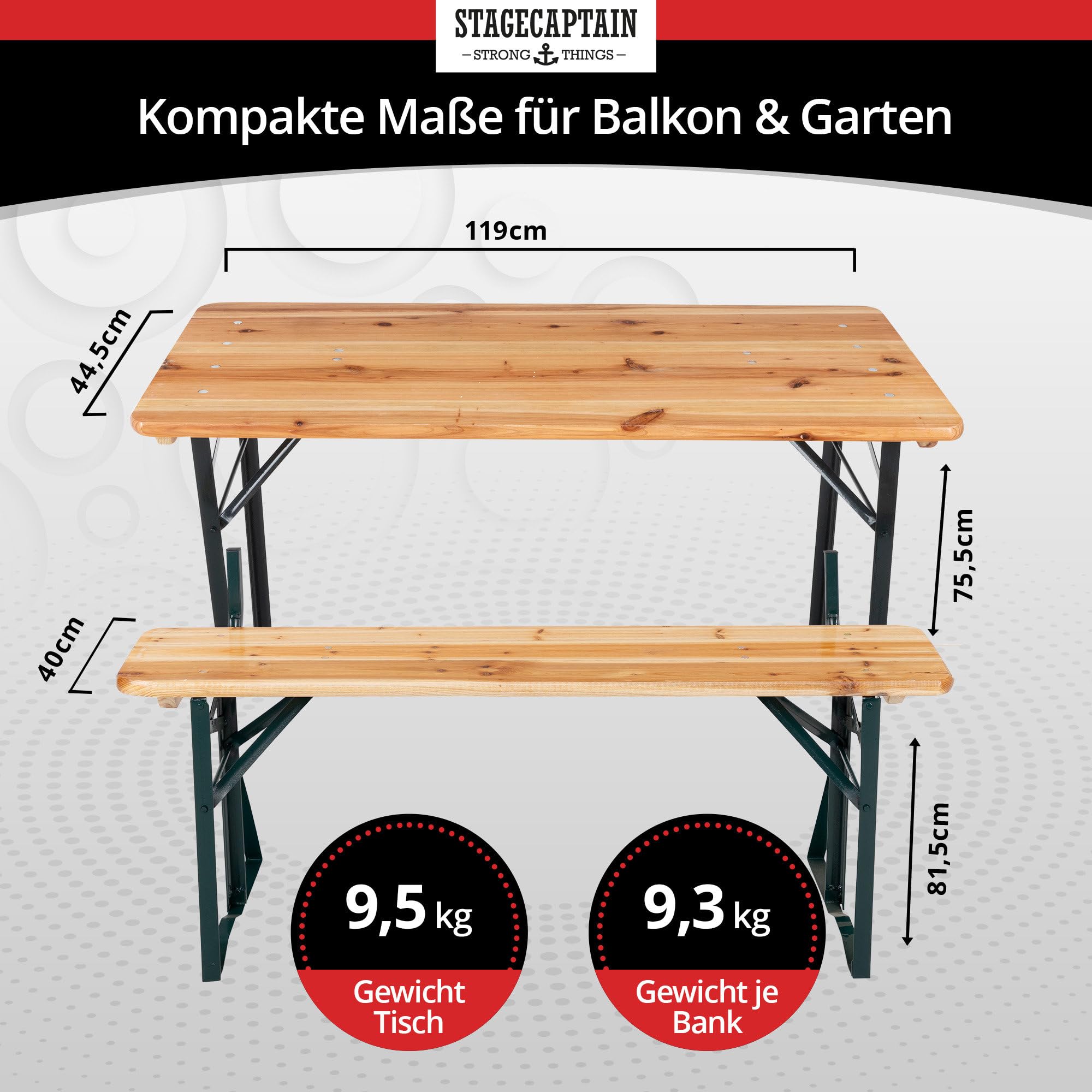Stagecaptain BBDL-119 2X Set Hirschgarten Bierzeltgarnitur mit Lehne für Balkon - Version mit 119 cm Länge - Klappbare Festzeltgarnitur 2X Tisch, 4X Bank - Holz Sitzgarnitur - Innen & Außenbereich
