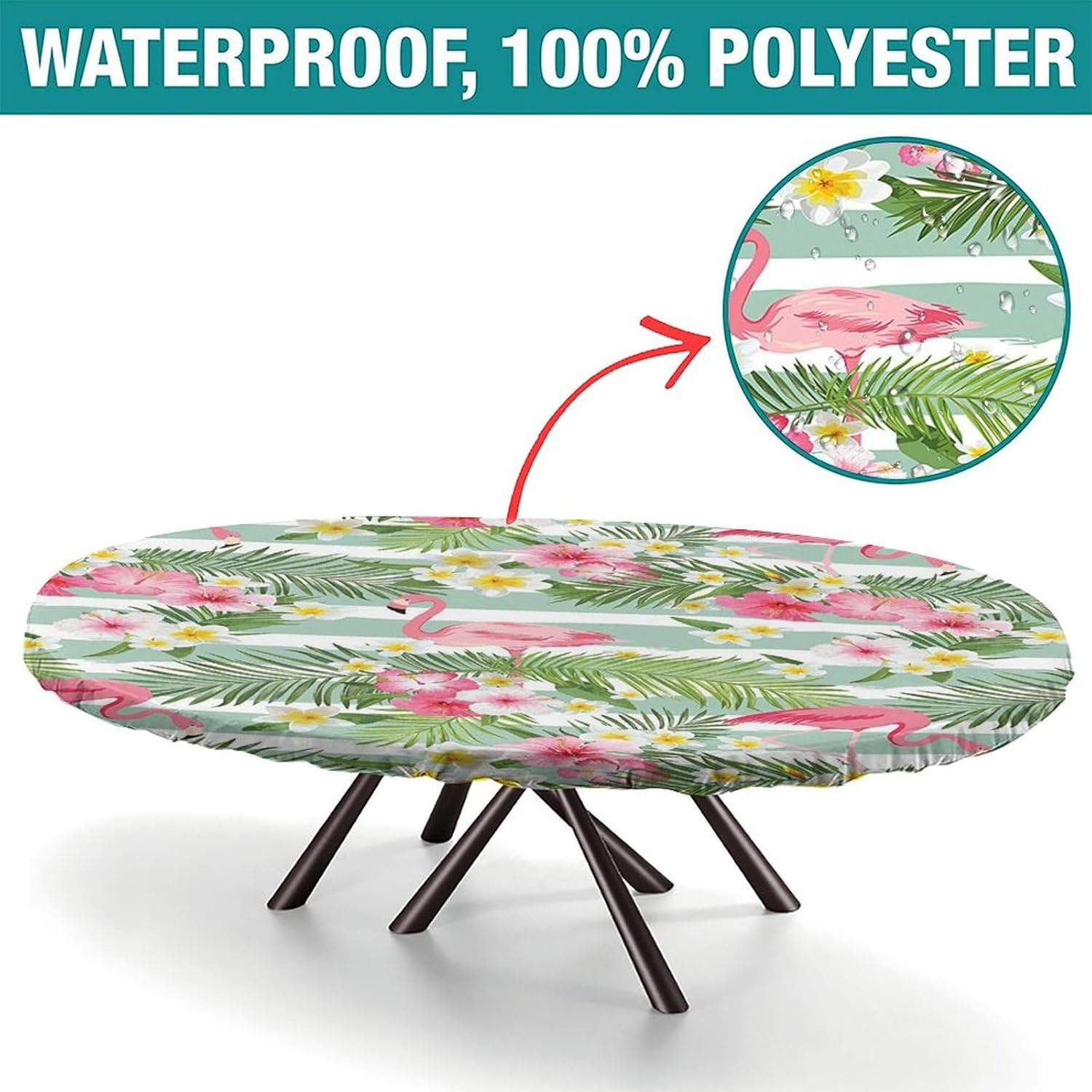 Elastic Edge Polyester Fitted Oval Tablecloth,Flamingo Decor Collection Flamingos with Exotic Hawaiian Leaves Wipe Clean Table Cloth, for Kitchen Dining Tabletop Decoration,Fits for 36 x 60”Oval table