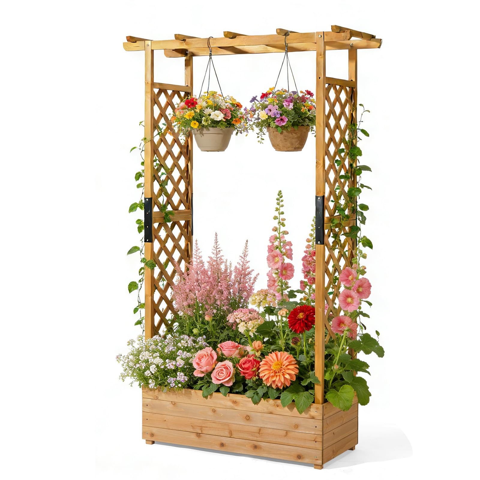 Bonnlo Raised Beds for Garden with Arch, Wooden Planters with Trellis, Outdoor Vertical Trough Planter Container for Vine Climbing Plant (110x44x182cm)