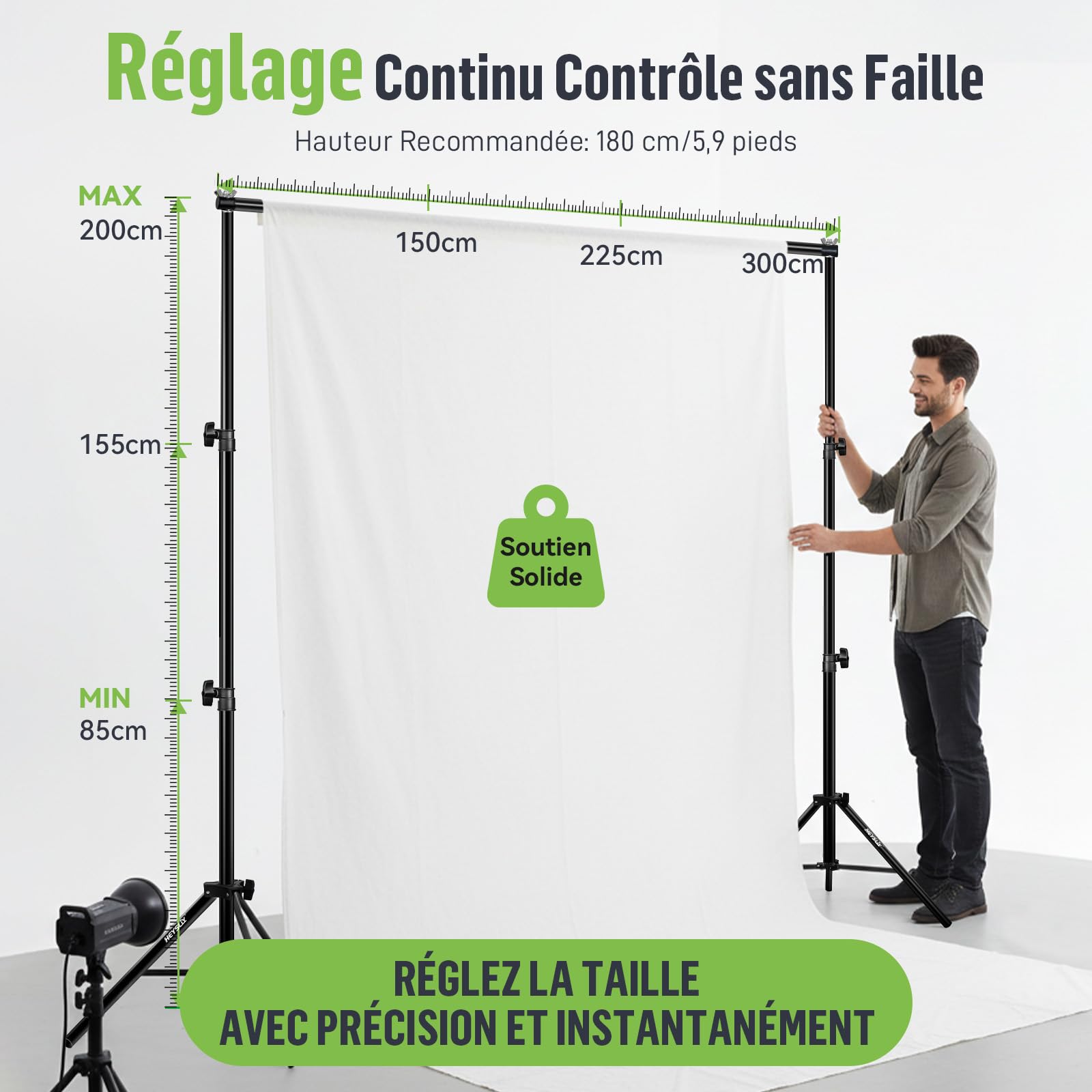 Kit Trépied Fond Photo 3x2m – Système de Support Réglable avec Sac de Transport pour Studio, Youtube, Fond Vert et Cérémonie