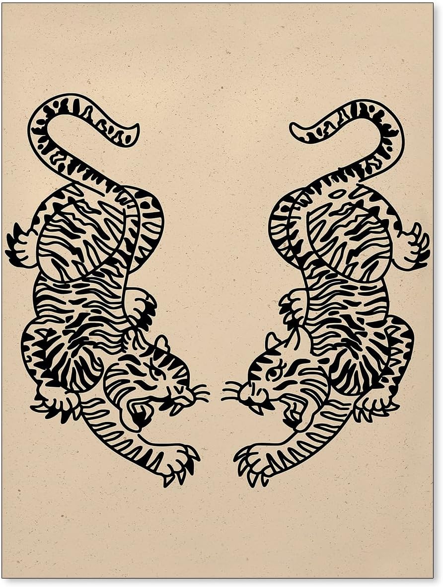 WLZWD Póster minimalista de tigre, arte de pared japonés vintage, arte de pared retro de animales de pelea de tigre, impresiones en lienzo para sala