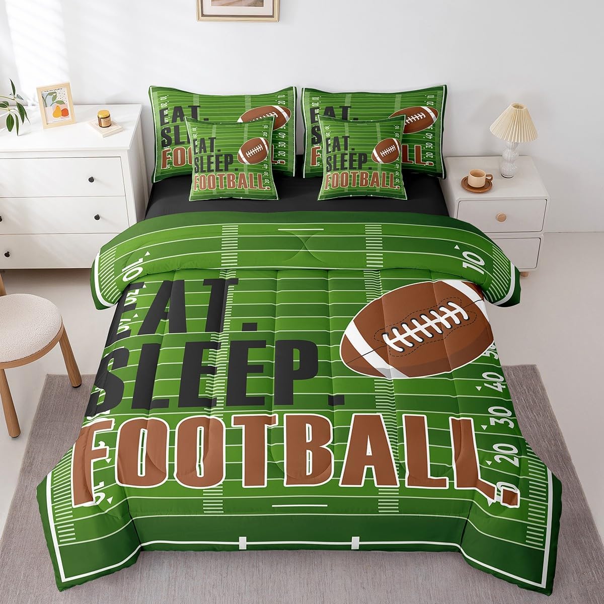 Feelyou Football Comforter Set with Sheets Queen Size Rugby Sports 7 Pieces Bedding Set for Kids Boys Girls Teens Stripes Green Brown Sports Ball Game Bed in a Bag Geometric Bed Set