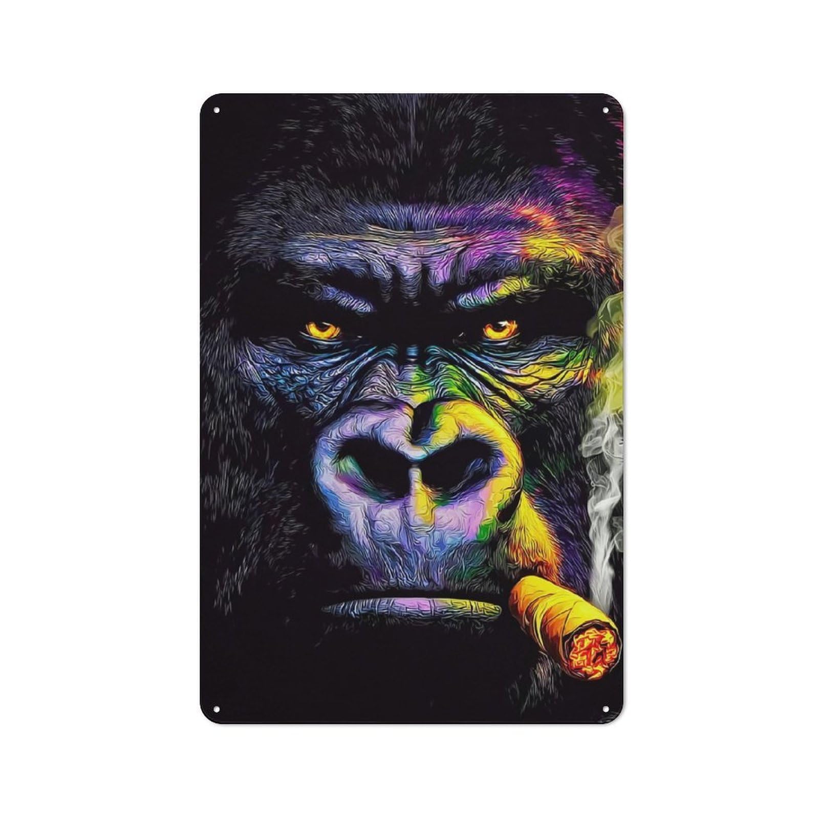 Junmoney Colorful Gorilla With Cigar Artwork -1 Office Metal Sign With Design 30X20cm, Classic Study Room Decor For Office, Study, Studio Or Hallway