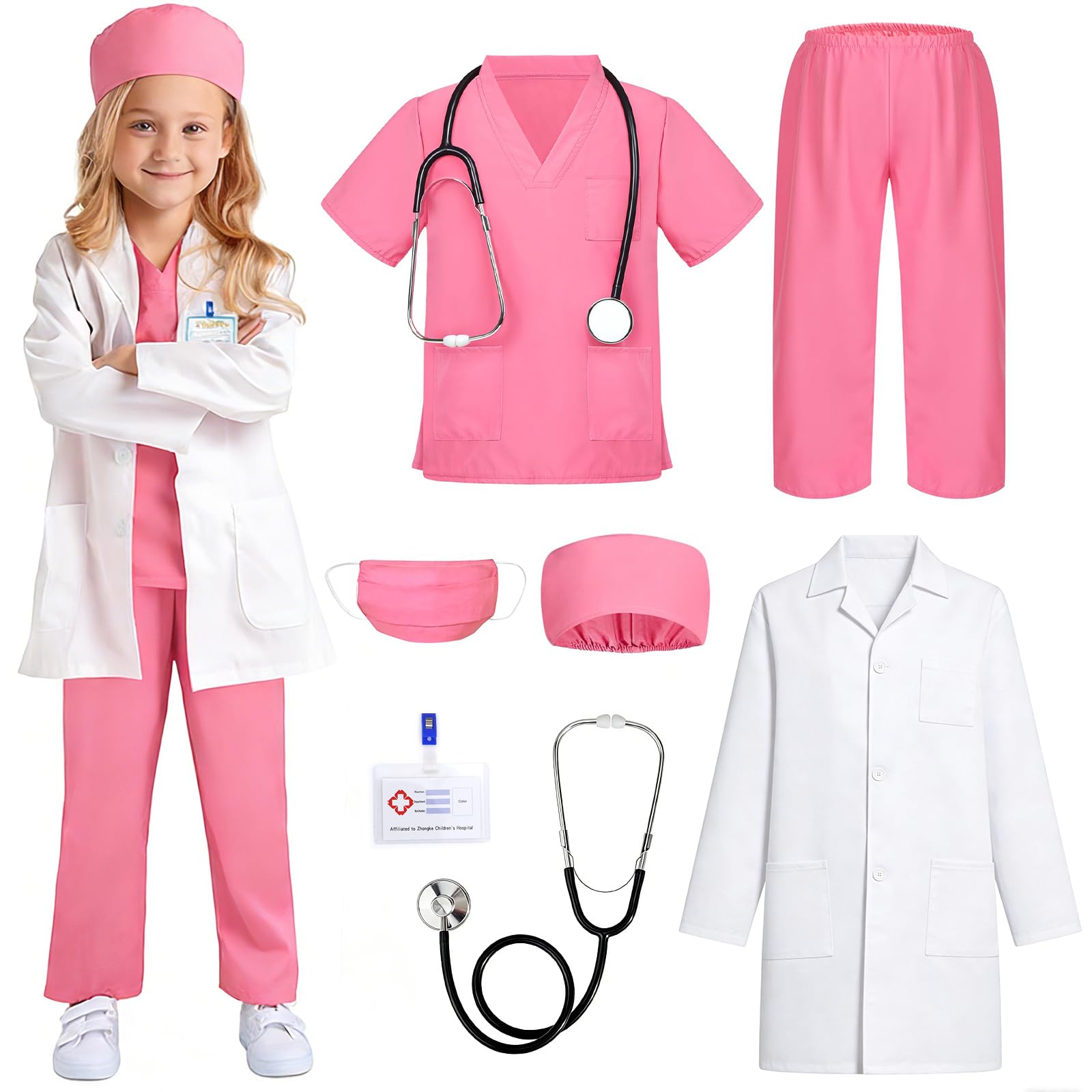 WenYa Pink Doctor Costume for Girls, Kids Doctors Outfit Includes White Lab Coat, Scrub Top & Pants, Hat, and Toy Stethoscope, Role Play Set for Halloween, Career Day & World Book Day Pretend Play (S)