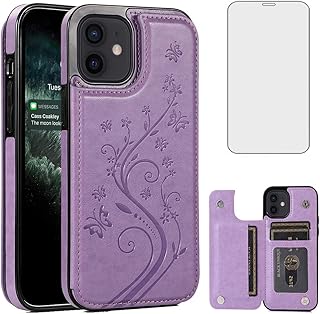 Asuwish Compatible with iPhone 12 Pro iPhone12 Case 6.1 Tempered Glass Screen Protector Card Holder Wallet Cover Flip Leather Cell Phone Cases for iPhone12pro 5G i 12s iPhone12 12pro Women Girl Purple