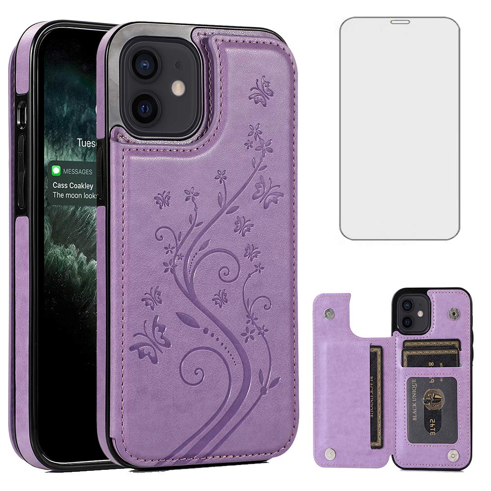 Asuwish Compatible with iPhone 12 Pro iPhone12 Case 6.1 Tempered Glass Screen Protector Card Holder Wallet Cover Flip Leather Cell Phone Cases for