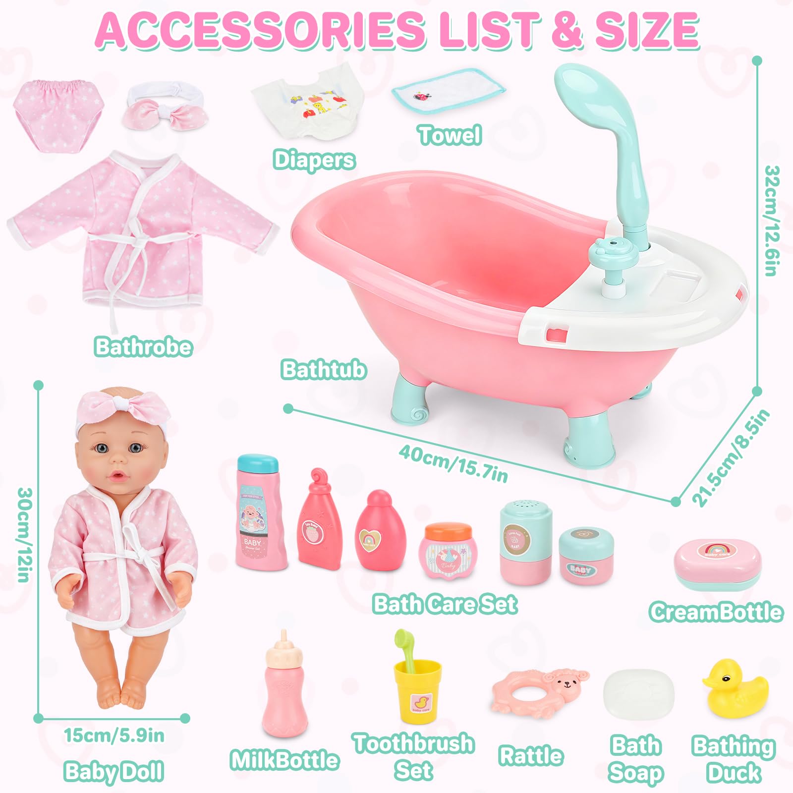deAO Bambola con Vasca da Bagno, Vasca Doccia Funzionante | Set di Bagno Bambola, 30cm Bambolotto Bambina con Accessori Igiene e Vestiti, Regalo Compleanno Natale per Bambine 3+ Anni