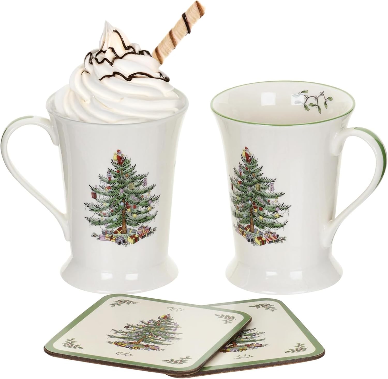 Spode Pimpernel 10 oz Mug & Coaster Set – 2 Porcelain Coffee Cups with Handles & 2 Square 5mm Cork-Backed Drink Mats, Durable Heat & Stain Resistant Table Accessories for Dining, Kitchen & Home