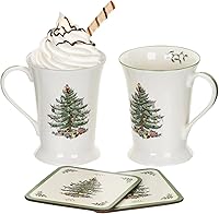 Spode Christmas Tree 10oz Mug & Coaster Set - 2 Porcelain Mugs with Handles + 2 Heat-Resistant Cork-Backed Coasters
