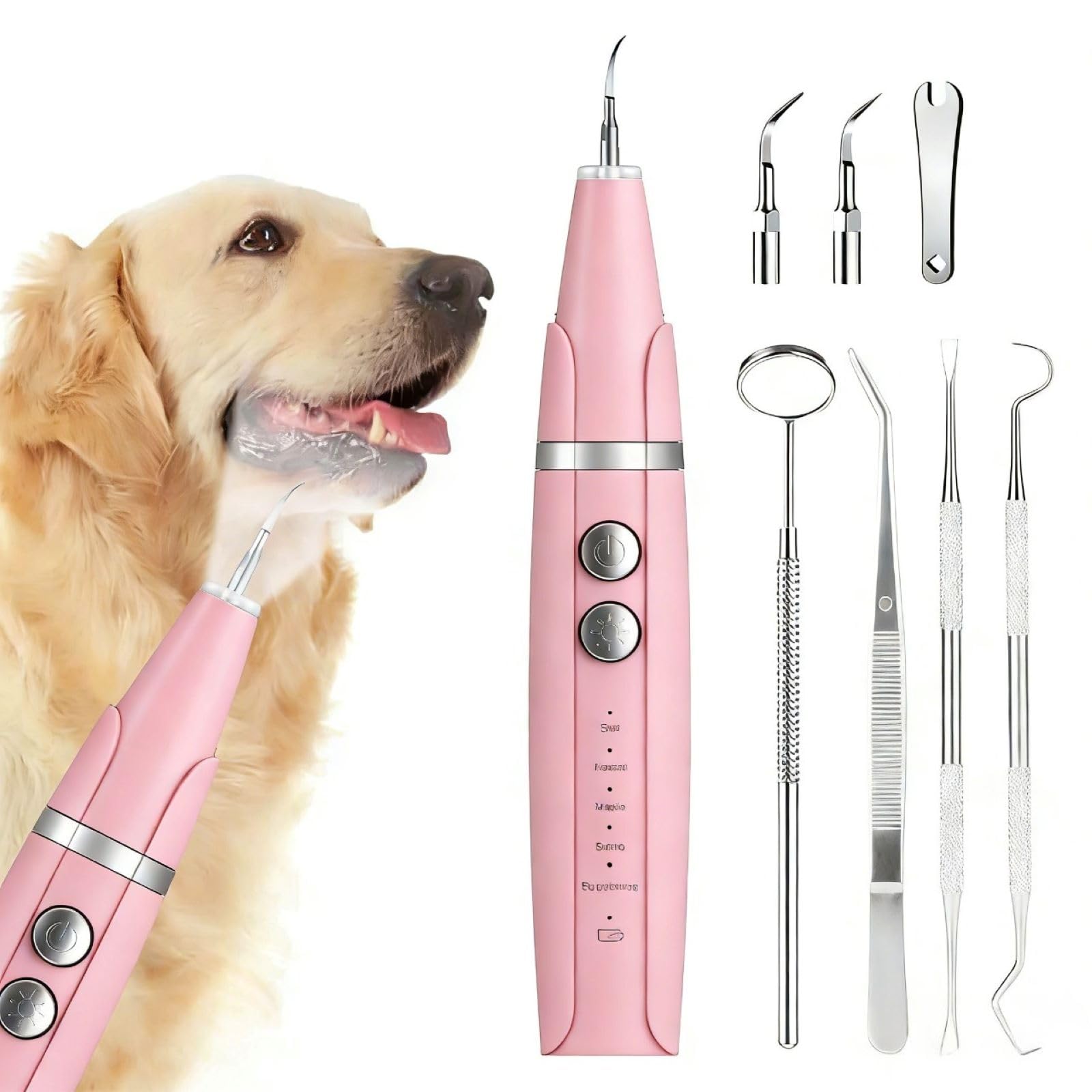 SKYCIVO Dog Plaque Remover for Teeth, Pet Teeth Cleaning Products for Tartar & Plaque Off, with LED-Light, Dog Toothbrush for Dental Care, Pink
