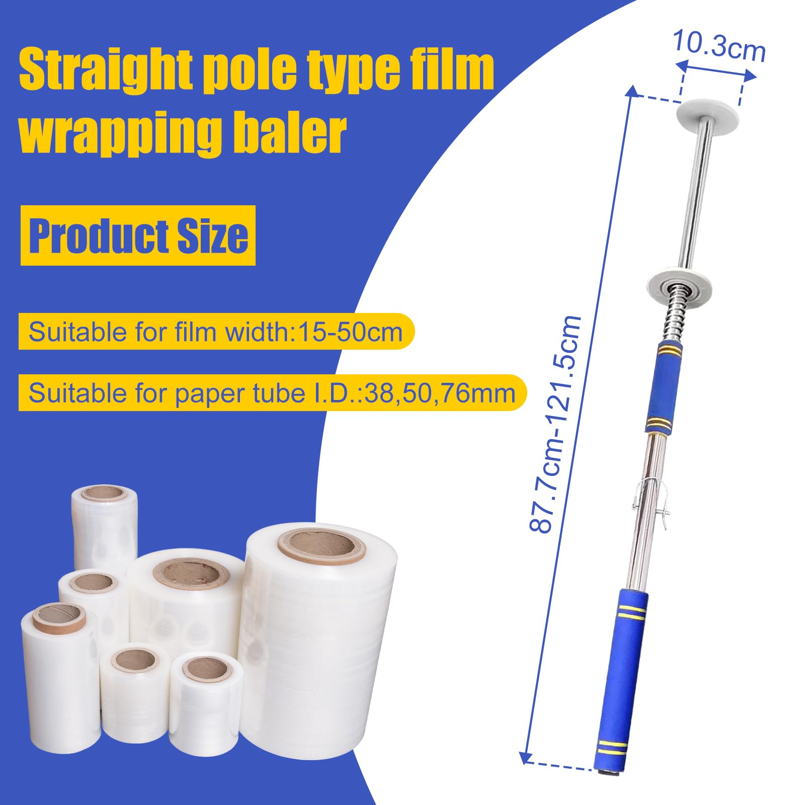 Dispenser estensibile per pallet con manico lungo, macchina imballatrice per film estensibile, supporto per asta per dispenser di film di larghezza 30-50 cm, rotoli da 3,8 cm a 7,6 cm di diametro