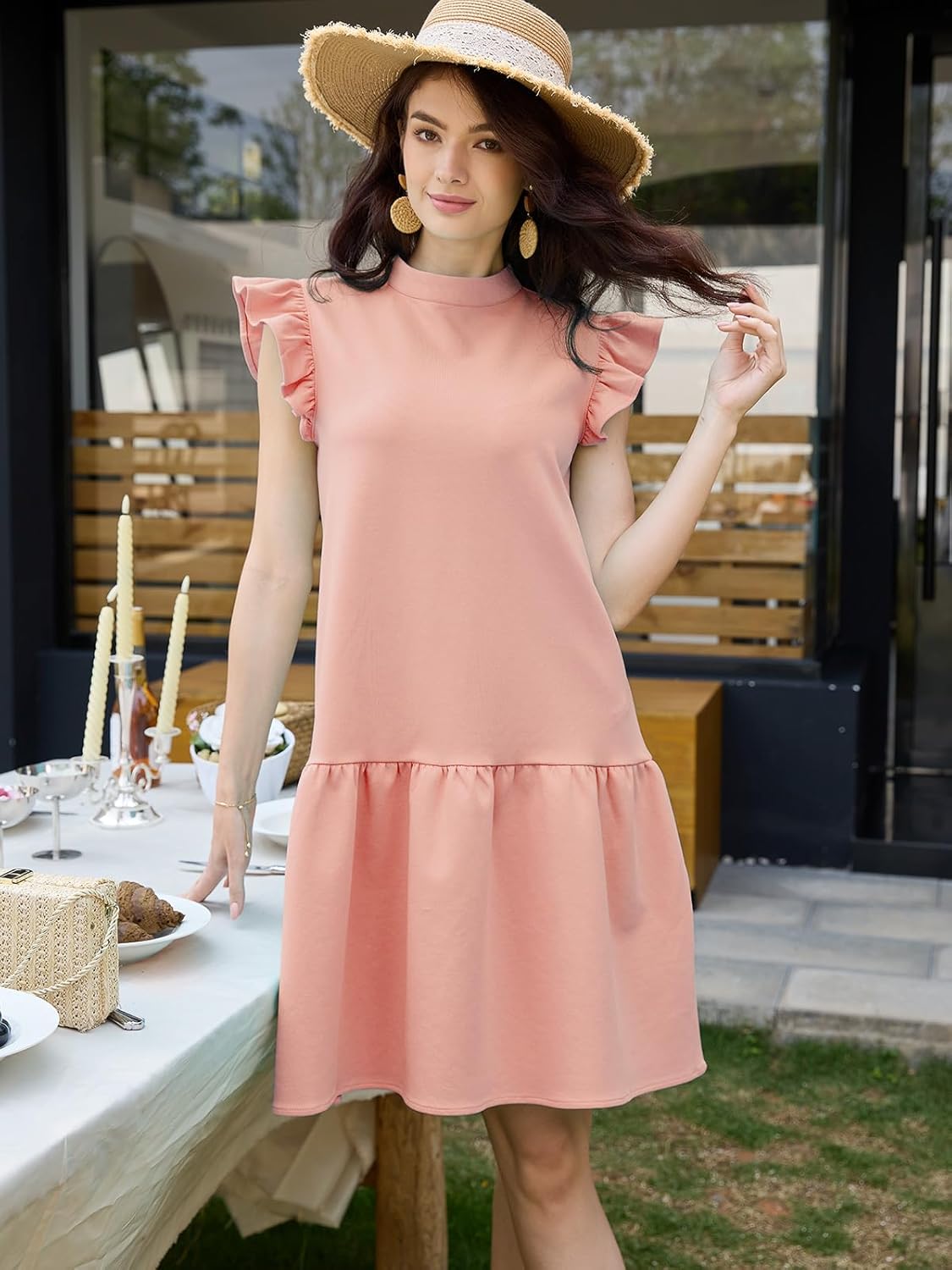 Women’s Ruffle Sleeve Mini Dress Summer Casual Crewneck Flowy A Line Short Babydoll Dress with Tiered Hem Lightweight Pullover Sundress Pink L - Image 8