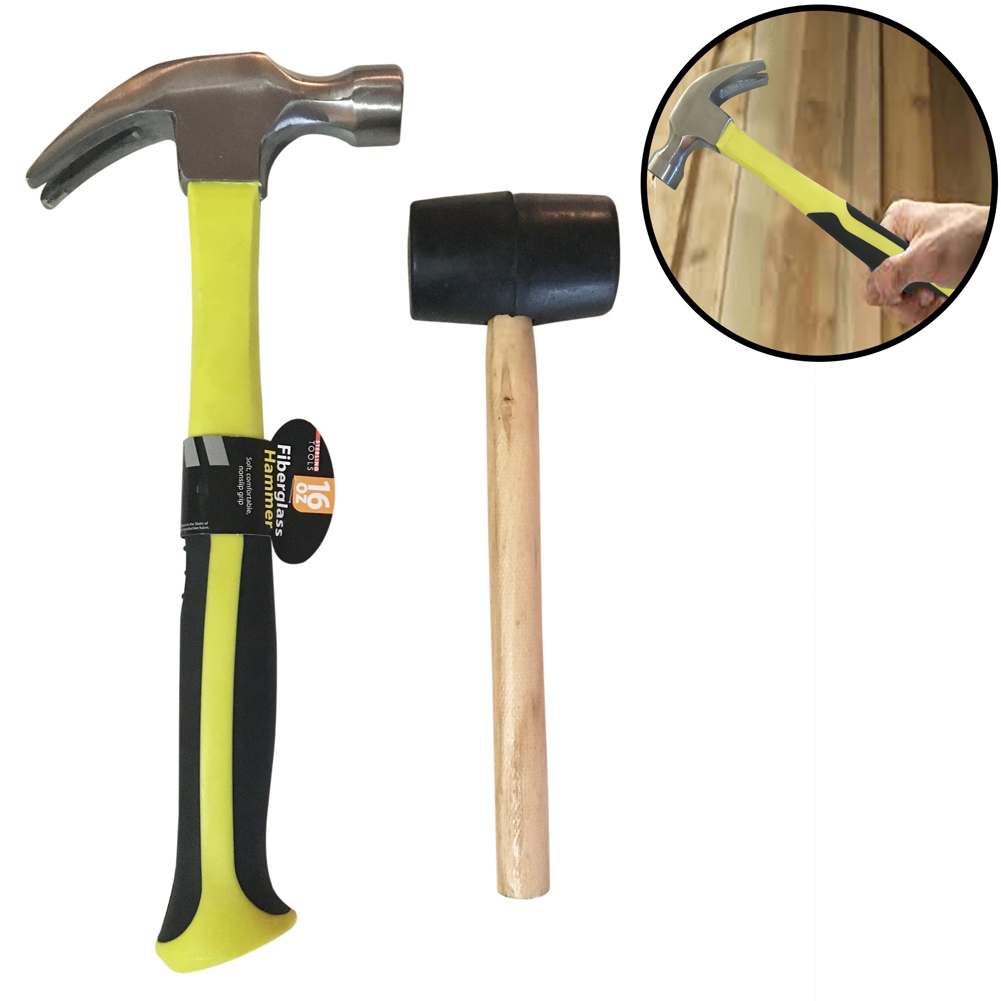 Hammer Set- Fiberglass Handle Claw Hammer with Bonus Rubber Mallet (Wood Handle Mallet)