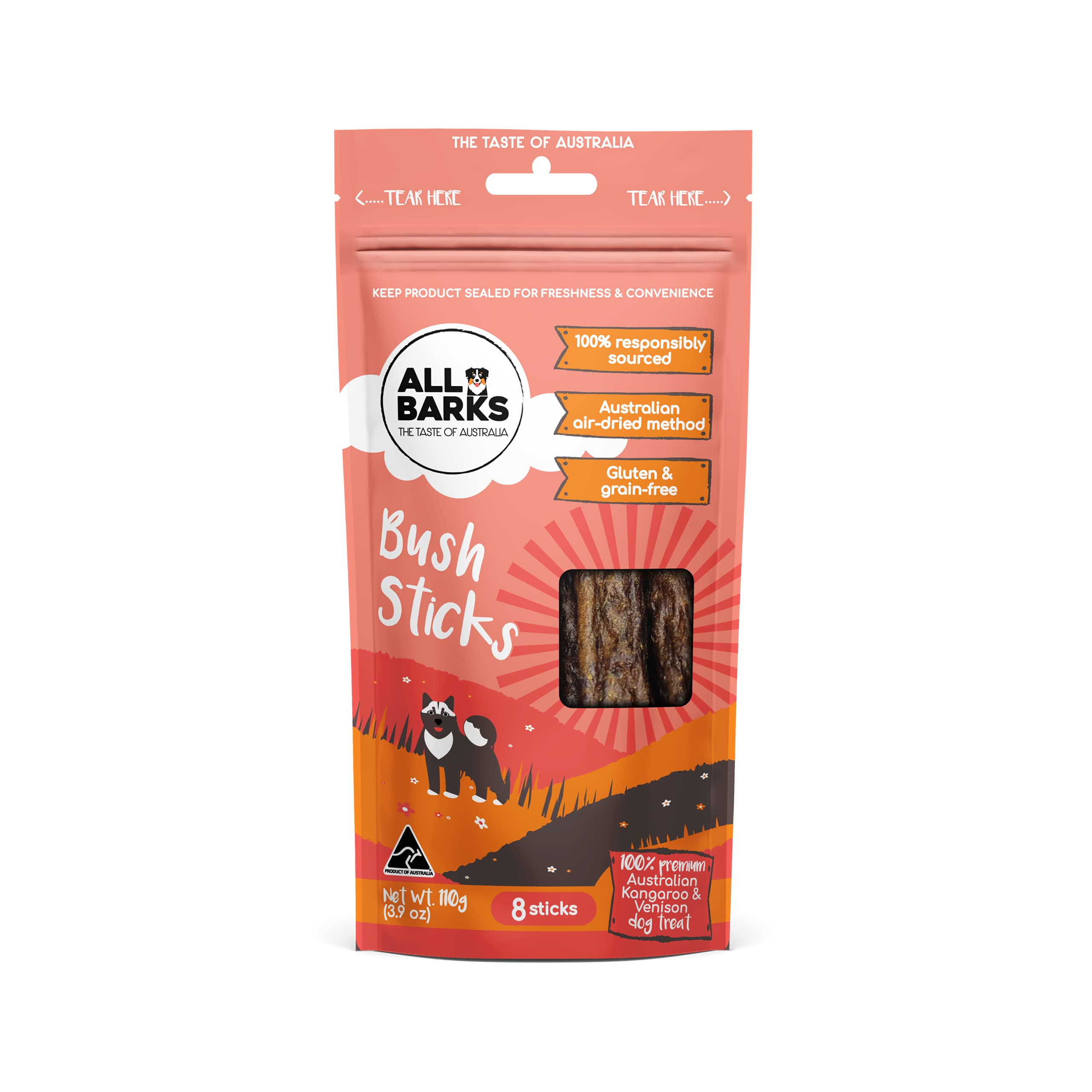 ALL BARKS Bush Sticks - 100% Aussie Venison & Kangaroo - Natural, Grain-Free, Australian Dog Treats - Snacks, Treats & Rewards for Your Dog - 8 Sticks per Bag
