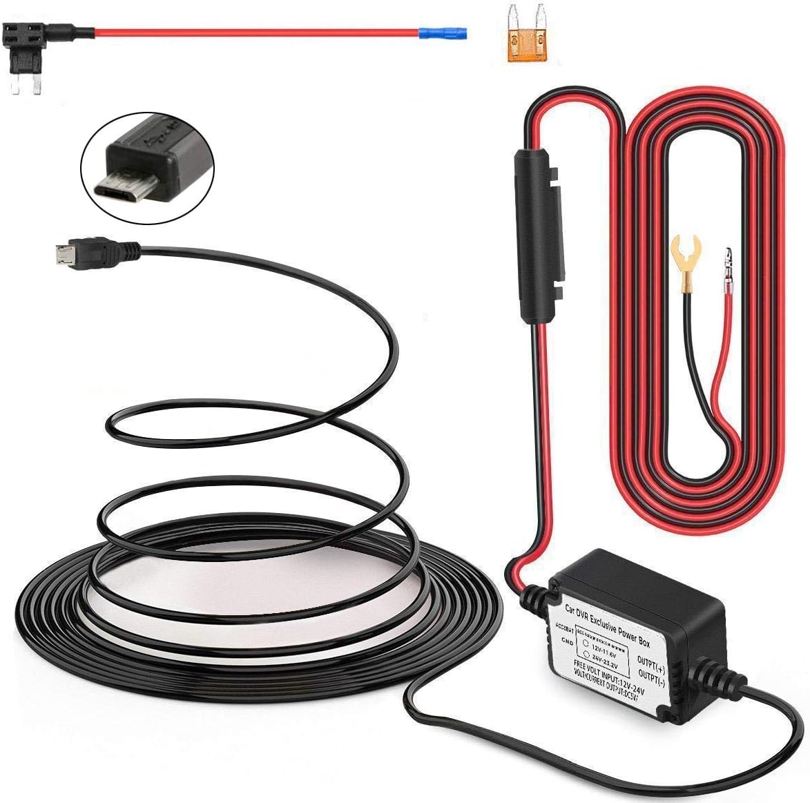 Hardwire Kit,INRIGOROUS Micro Usb Hardwire kit with Fuse Kit/Direct Car Charger Cable Kit for HD PRO & Micro USB Dashboard Camera Power Supply Car Charger GPS Car DVR Power Box (Micro Usb+Fuse Kit)