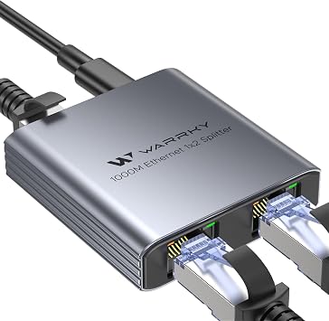 WARRKY Ethernet Splitter 1 to 2, 1000Mbps High Speed LAN Splitter, [0.55inch Ultra Slim, Integrally Molded Aluminum Case] Gigabit Ethernet Switch 2 port with USB-C Power Cable, for Cat5/5e/6/7/8 Cable