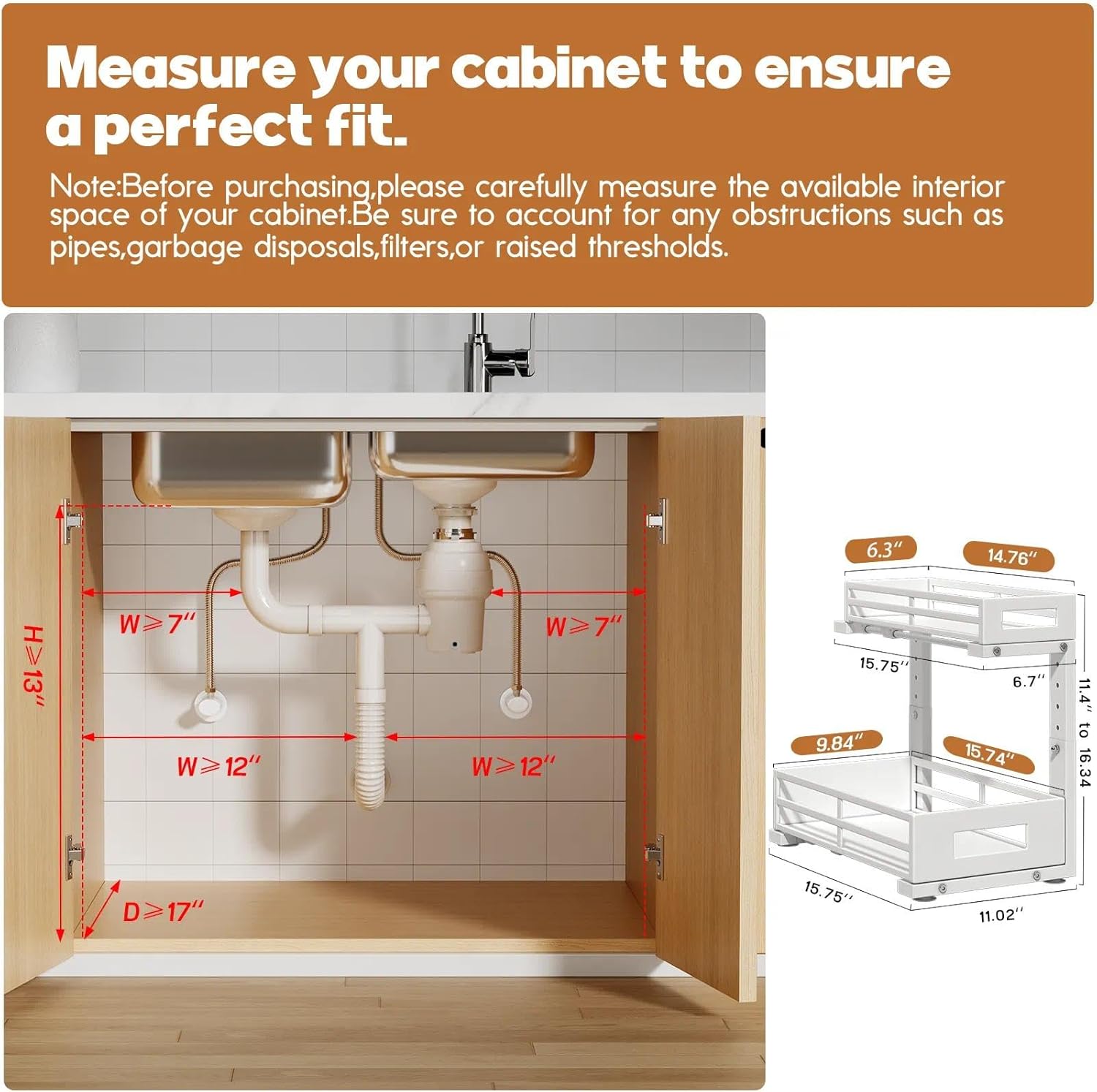 L-Shaped Metal Under Sink Organizer, 2-Tier Double Pull-Out Cabinet Organizer for Kitchen & Bathroom Storage, Height Adjustable, Smooth Cylinder Rail, White, 2 Packs