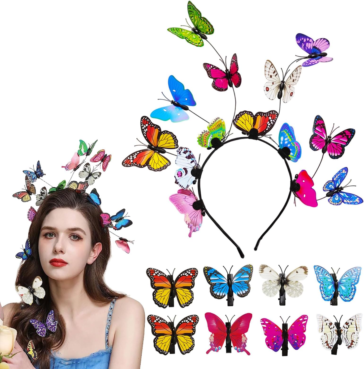 EUPSIIU Butterfly Headband and 8 Pack Butterfly Hair Clips, Colorful Festival Accessories for Women Girls Kids, Wedding Party Favors Supplies