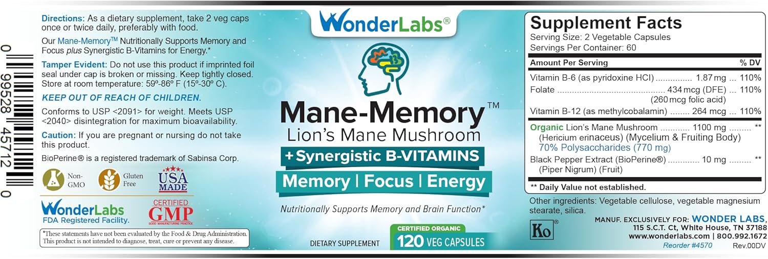 Wonder Laboratories Lions Mane Mushroom 1100mg Mycelium & Fruting Body - Nutritionally Supports Memory and Brain Function Plus Essential B-Complex for Energy - 120 Capsules