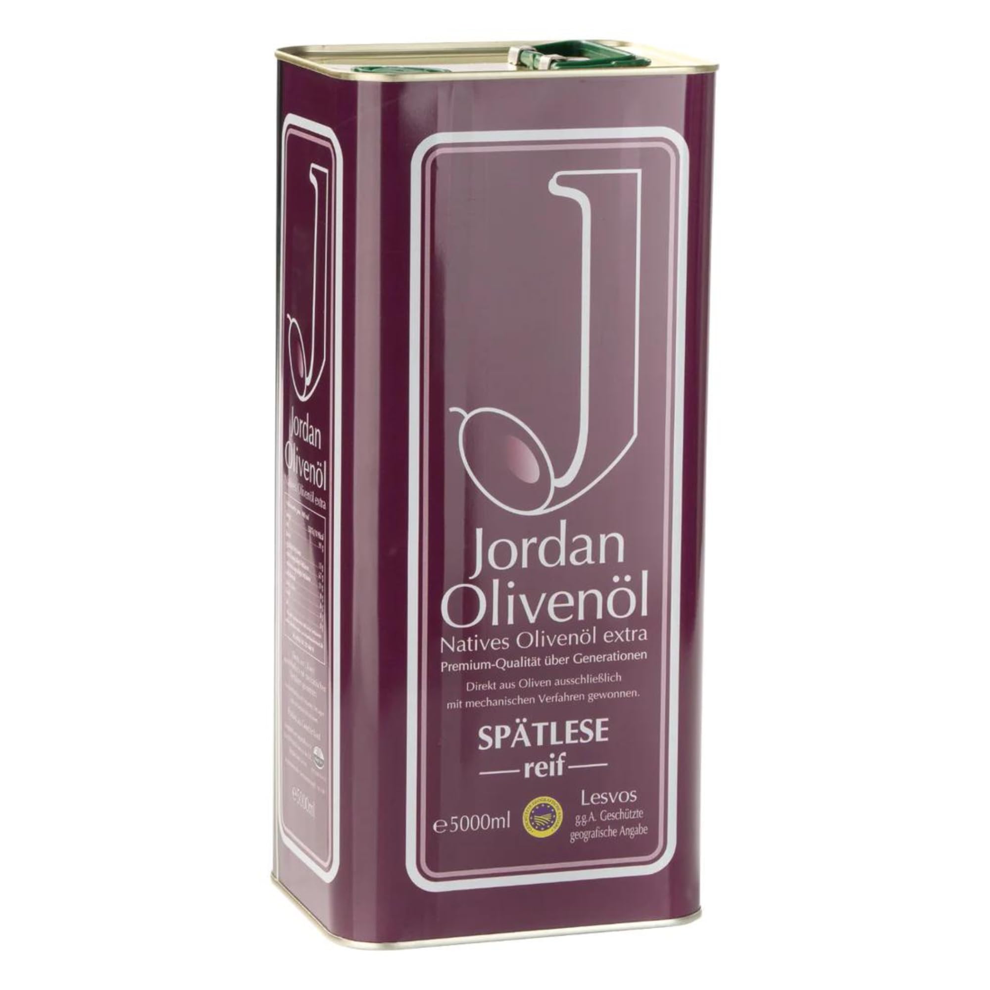 Jordan Olivenöl, Natives Olivenöl Extra, Spätlese reif, Kanister 5 L | Mild-fruchtiges kaltextrahiertes Olivenöl von der Insel Lesbos, Sorten Adramitiani & Kolovi, traditionelle Handernte