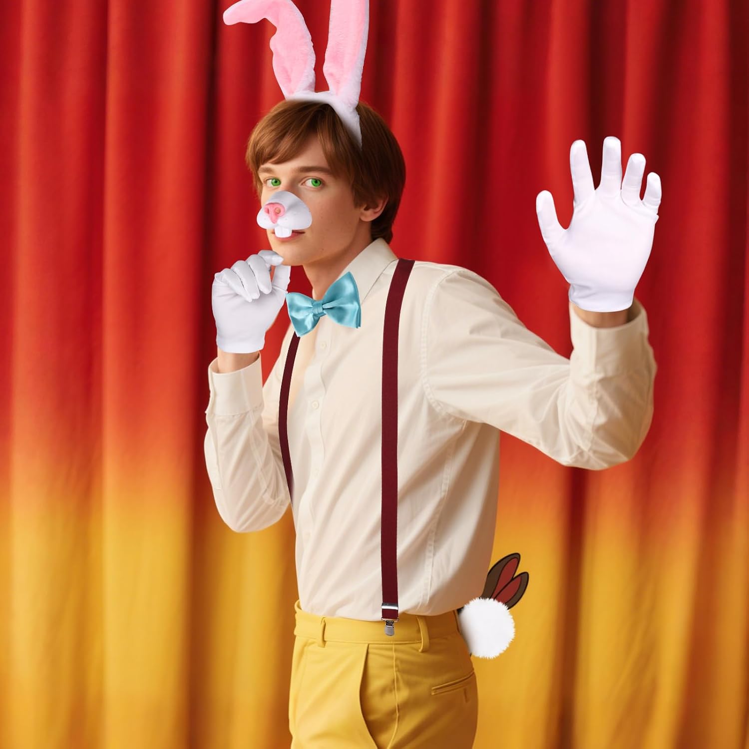 MJOGGOTT 6 Pcs Halloween Bunny Rabbit Costume Accessories Women Bunny Ears Headband Tail Nose Bow Tie White Glove Y Back Adjustable Suspender for Halloween Adult Cosplay Costume Party - Image 6