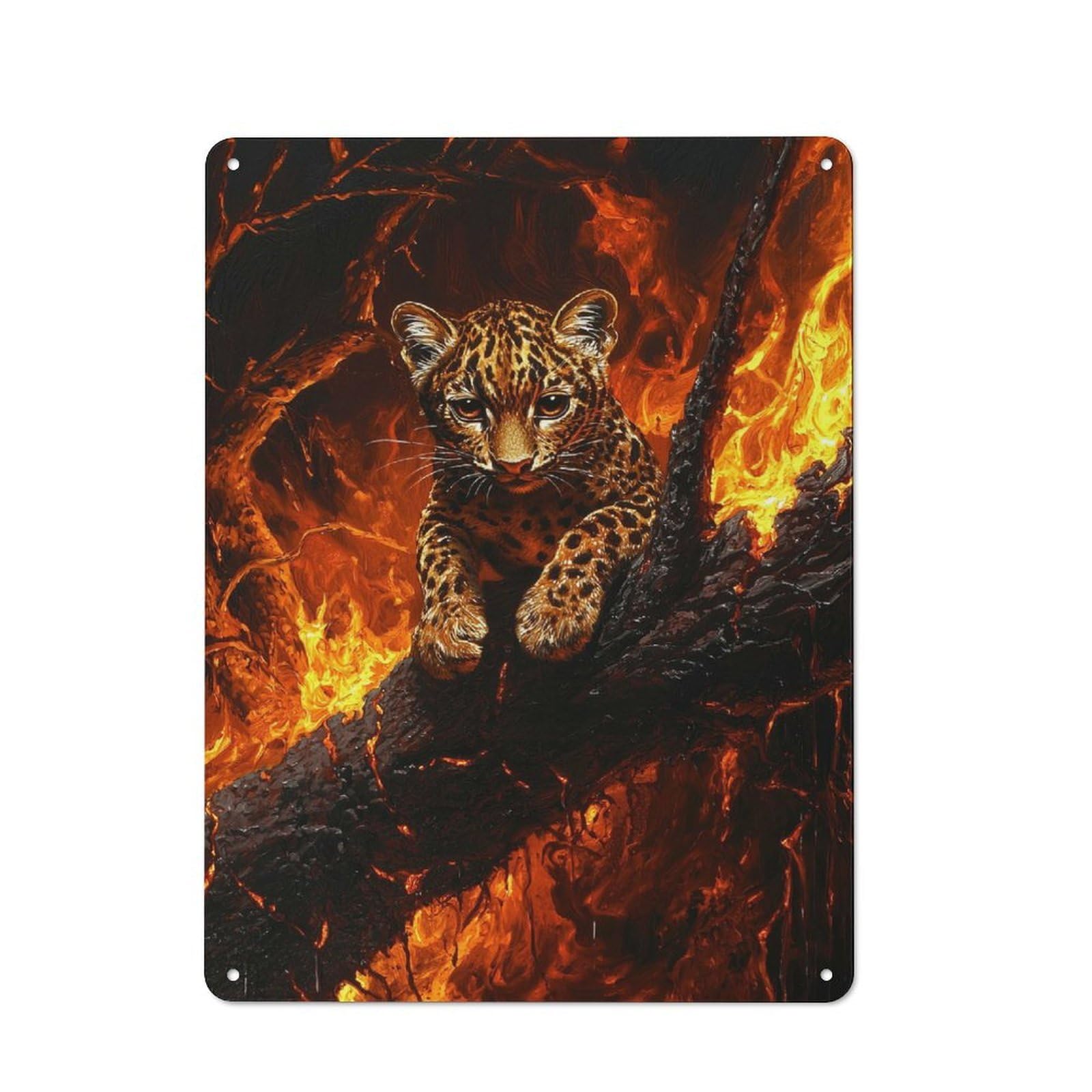 Junmoney Style-23 Leopard Cub In Flames Urban Metal Wall Decor 40X30cm, Metal Wall Art Sign For Loft, Studio, Office Or Creative Room