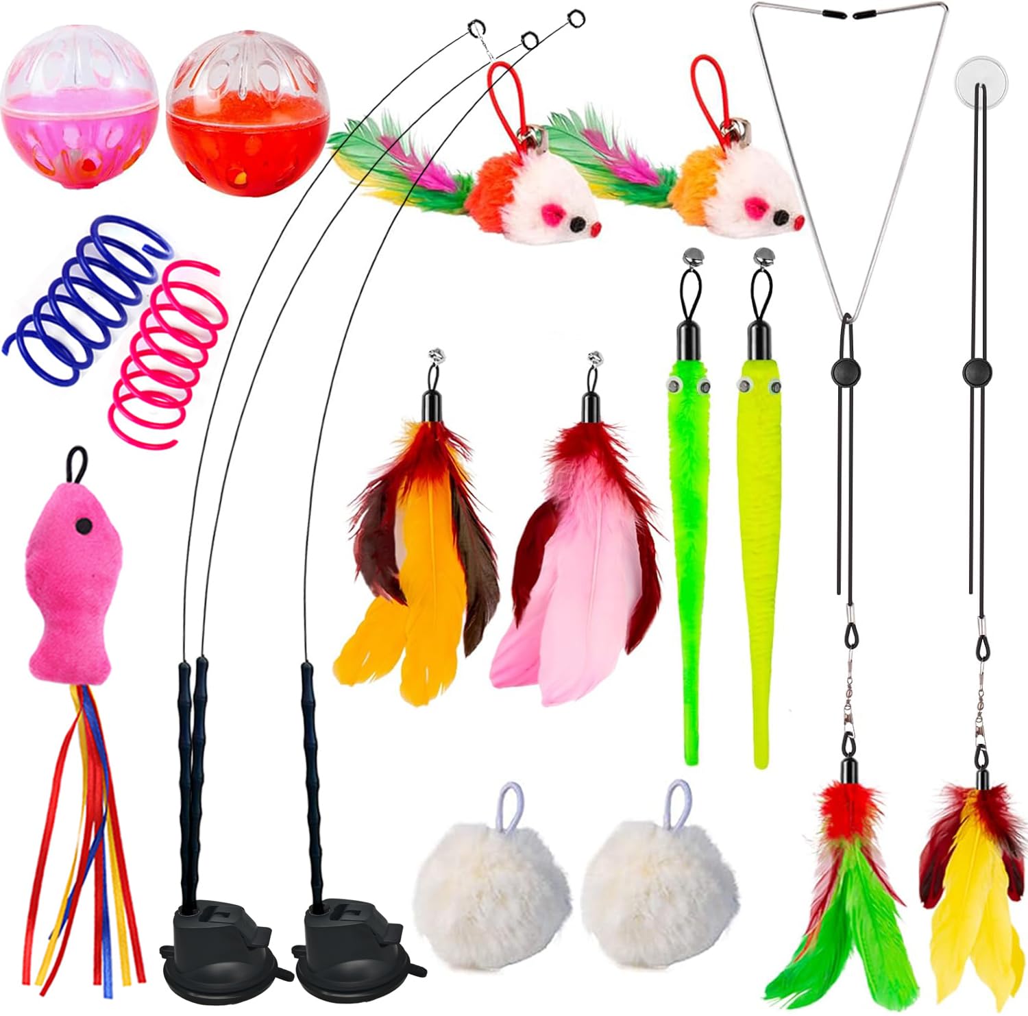 Roiseon 22Pcs 5-in-1 Cat Toys Interactive Cat Toy for Indoor Cats with Sticky Super Suction Cup Detachable Replacements Feathers Balls Mice Spring 3 Wand Hanging Door Kitten Toys