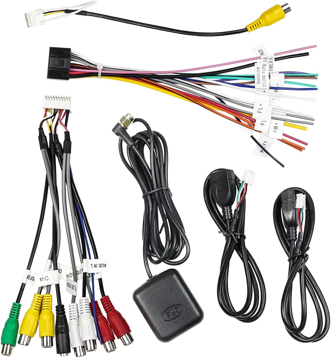 Android Radio Wiring Harness Kit with 16 Pin ISO Car Radio Wire Harness, 10/20 Pin RCA Back Camera Adapter, 4/6 Pin USB Cable and GPS Antenna Cord